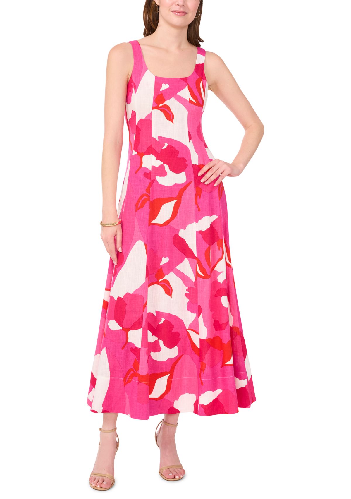 Womens Sleeveless Square Neck Floral Print Linen A-Line Maxi Dress