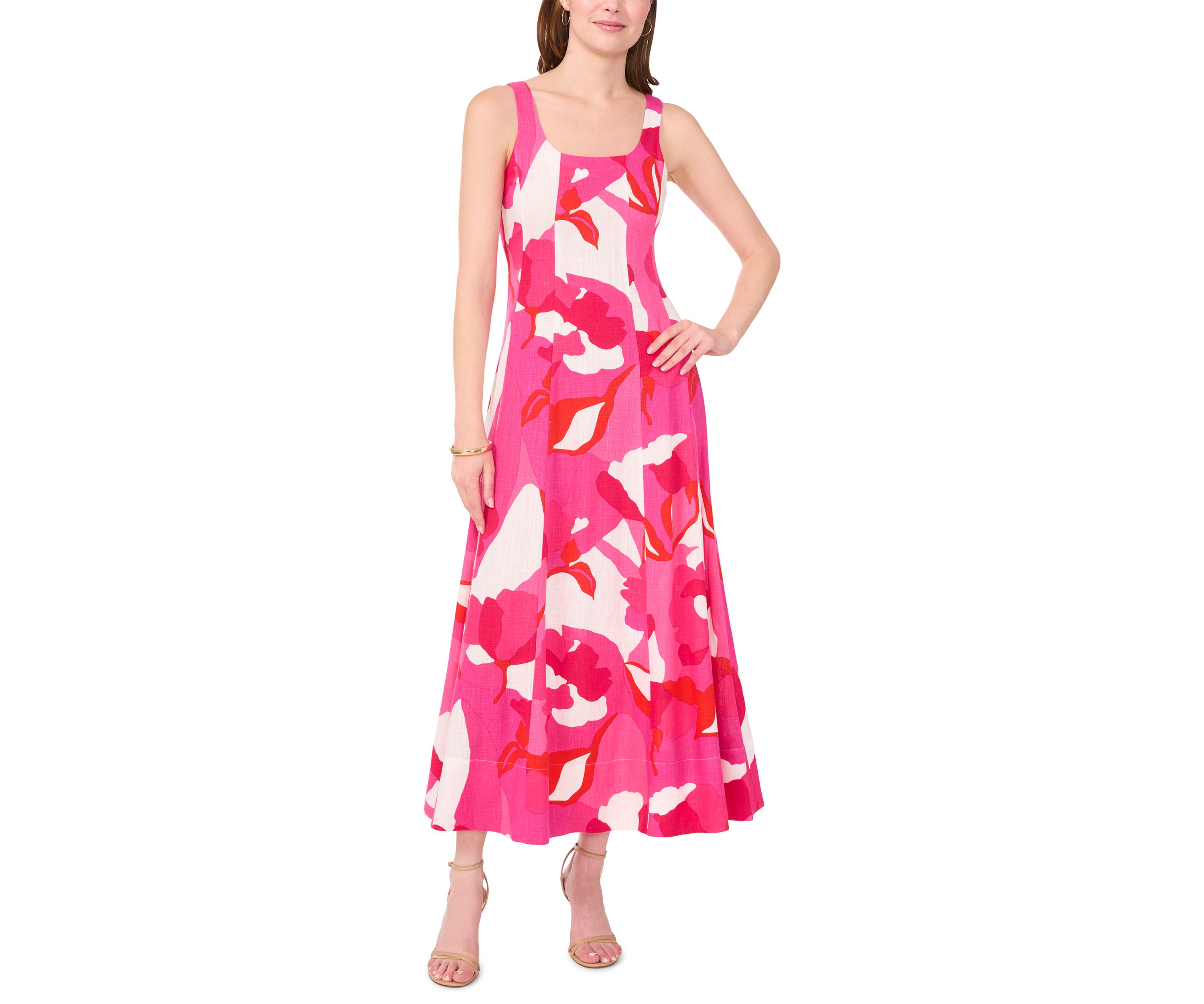 Womens Sleeveless Square Neck Floral Print Linen A-Line Maxi Dress