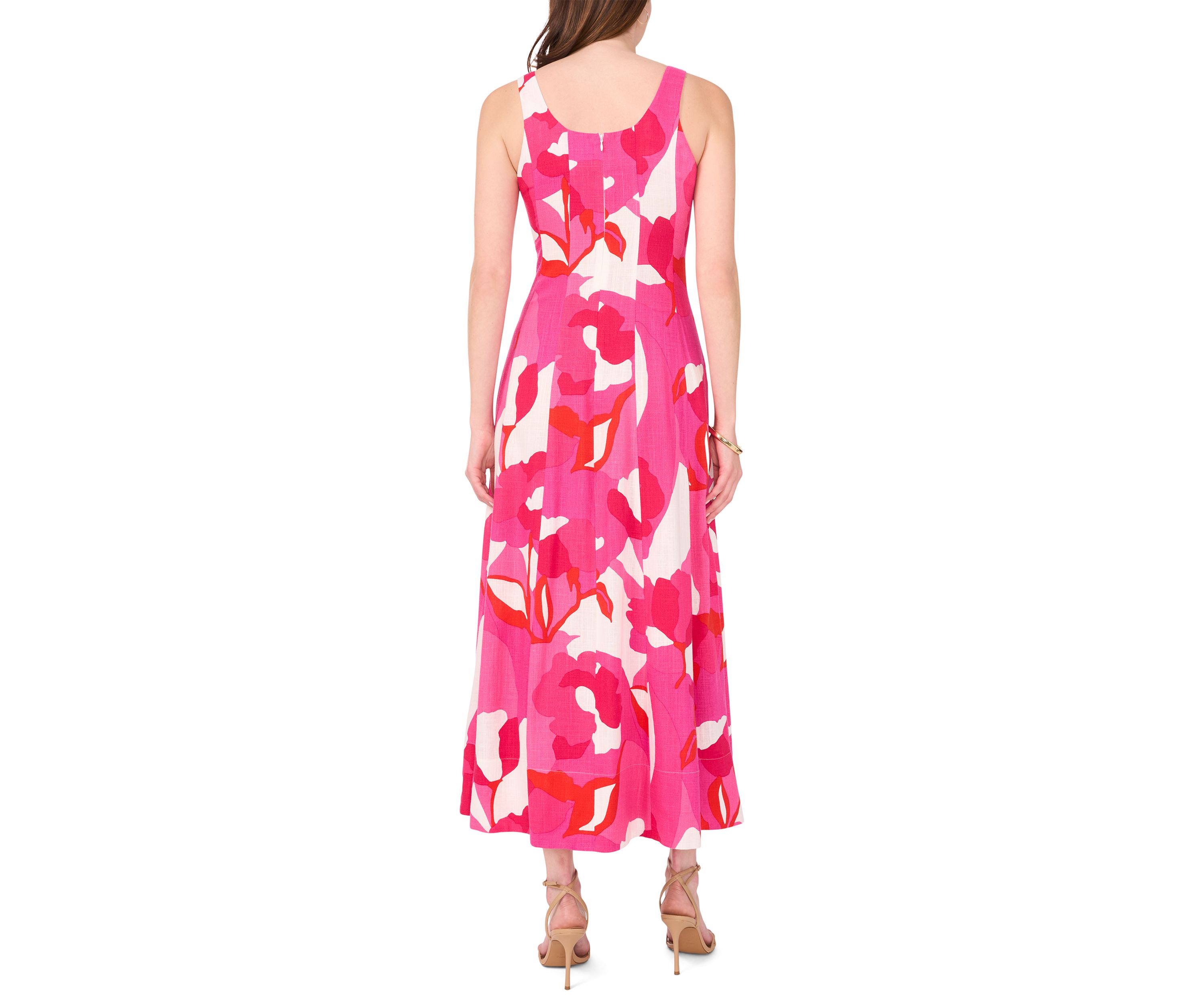 Womens Sleeveless Square Neck Floral Print Linen A-Line Maxi Dress