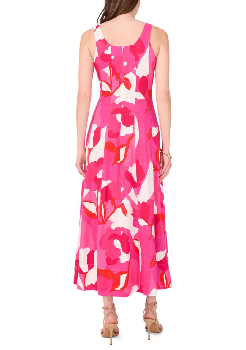 Womens Sleeveless Square Neck Floral Print Linen A-Line Maxi Dress