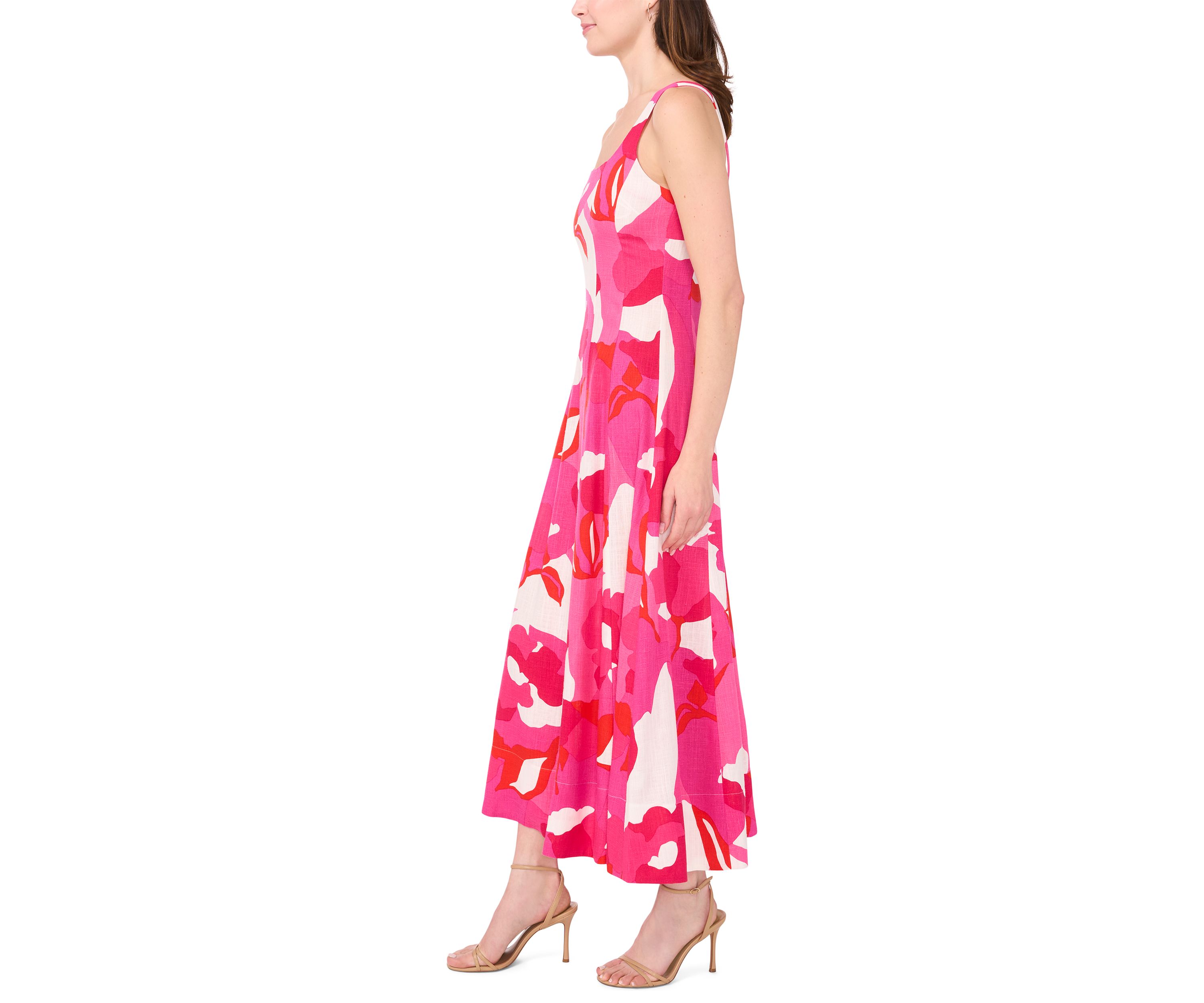 Womens Sleeveless Square Neck Floral Print Linen A-Line Maxi Dress