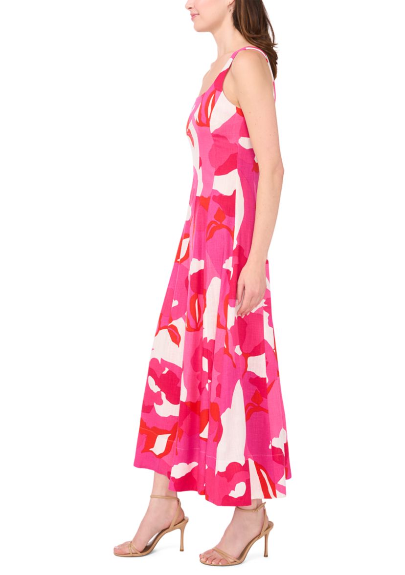 Womens Sleeveless Square Neck Floral Print Linen A-Line Maxi Dress