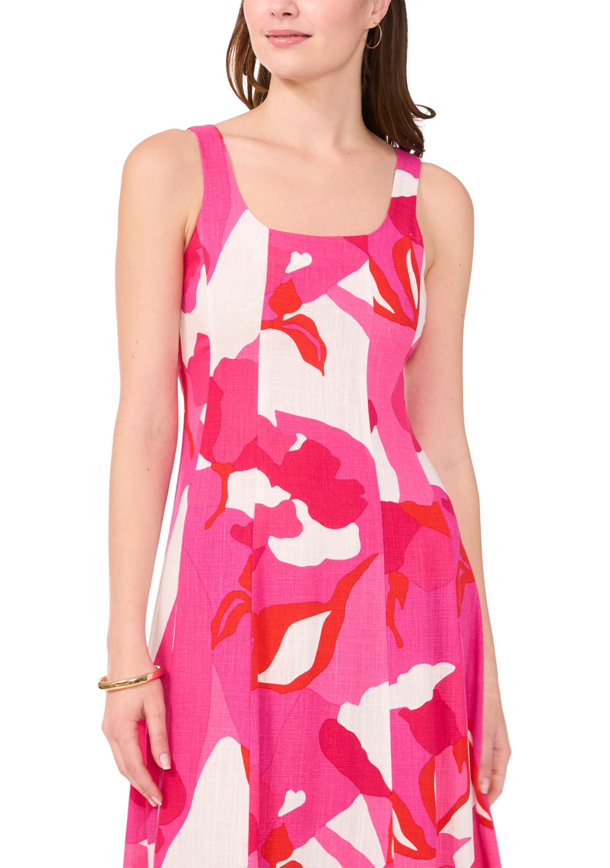 Womens Sleeveless Square Neck Floral Print Linen A-Line Maxi Dress