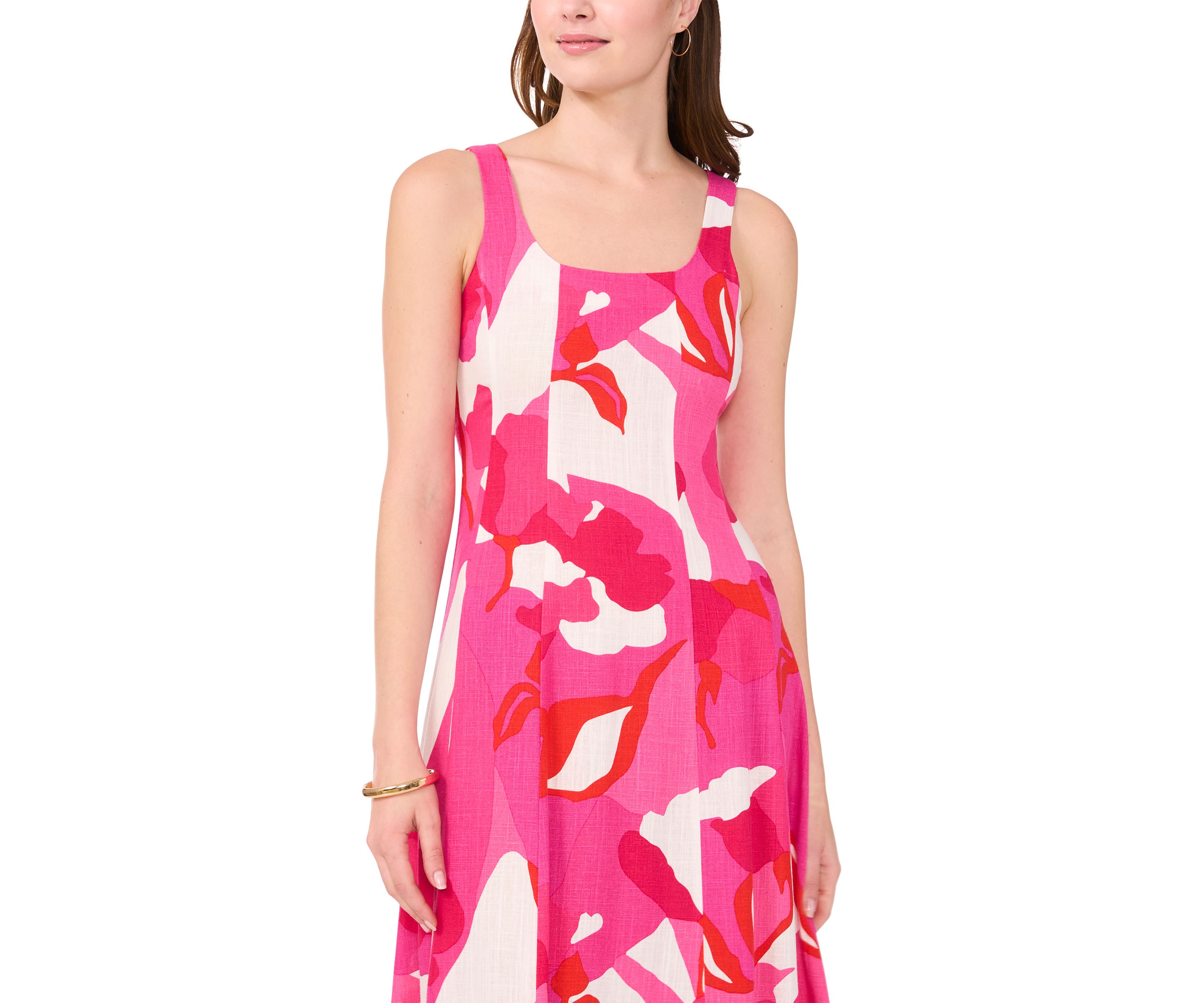 Womens Sleeveless Square Neck Floral Print Linen A-Line Maxi Dress
