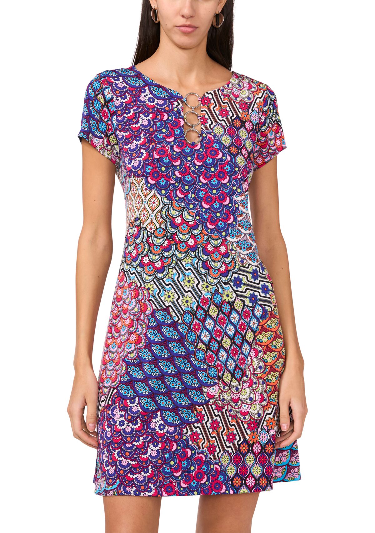 Womens Short Sleeve Crew Neck Abstract Print Dress