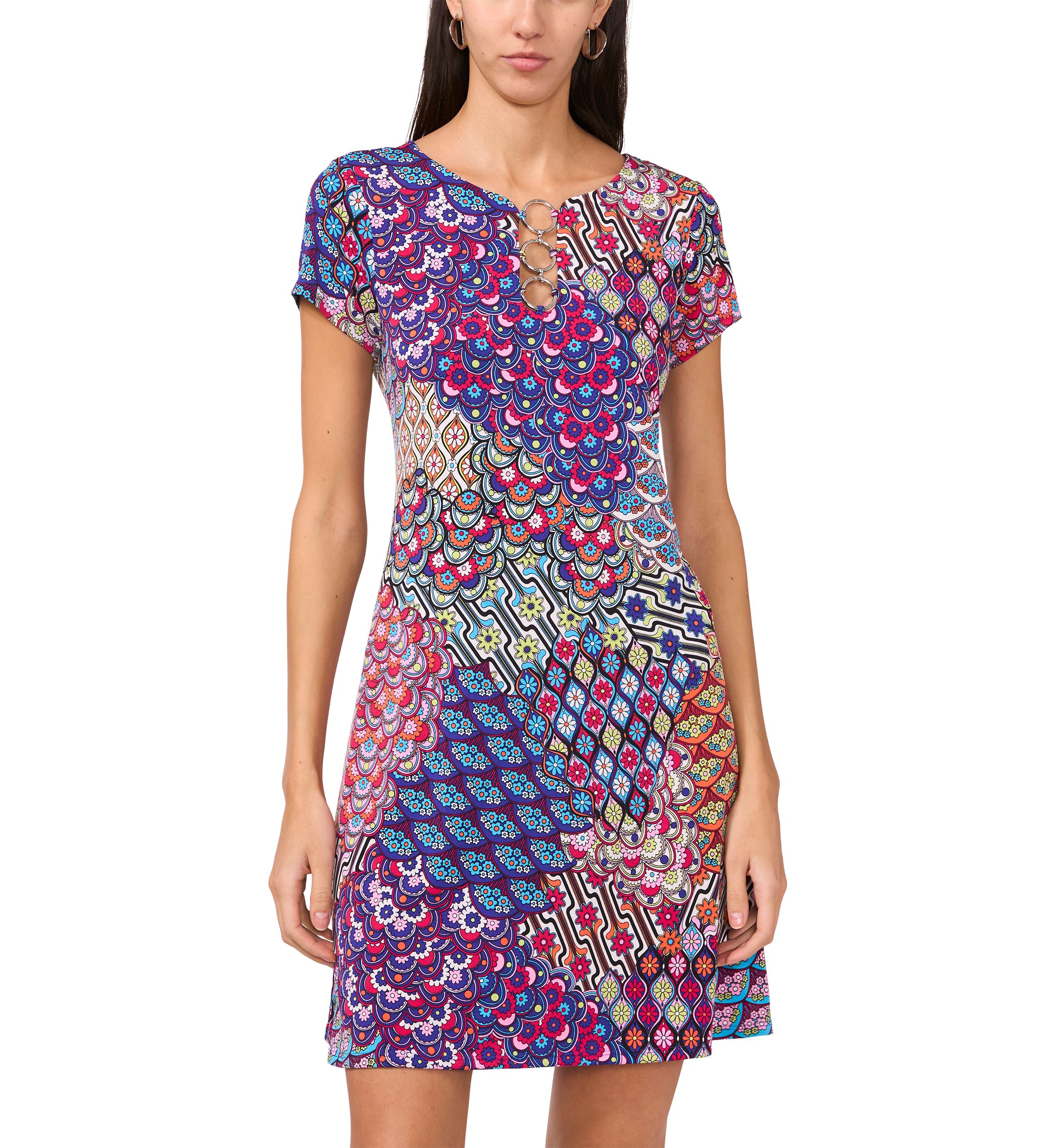 Womens Short Sleeve Crew Neck Abstract Print Dress