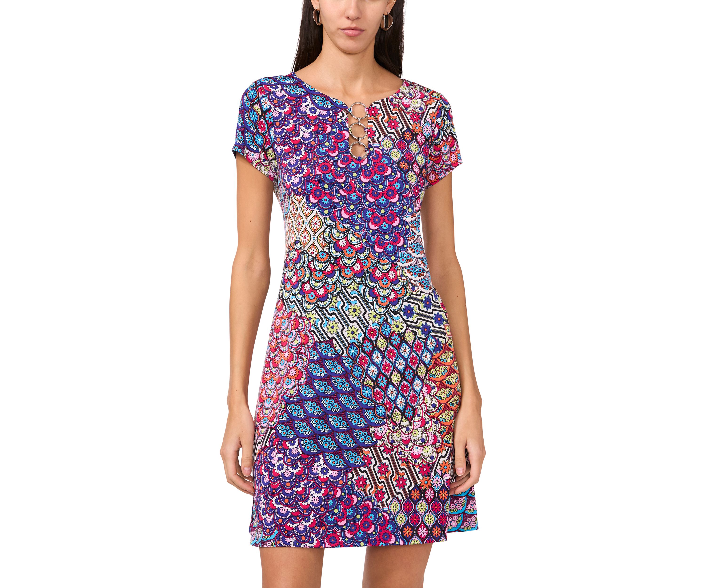 Womens Short Sleeve Crew Neck Abstract Print Dress