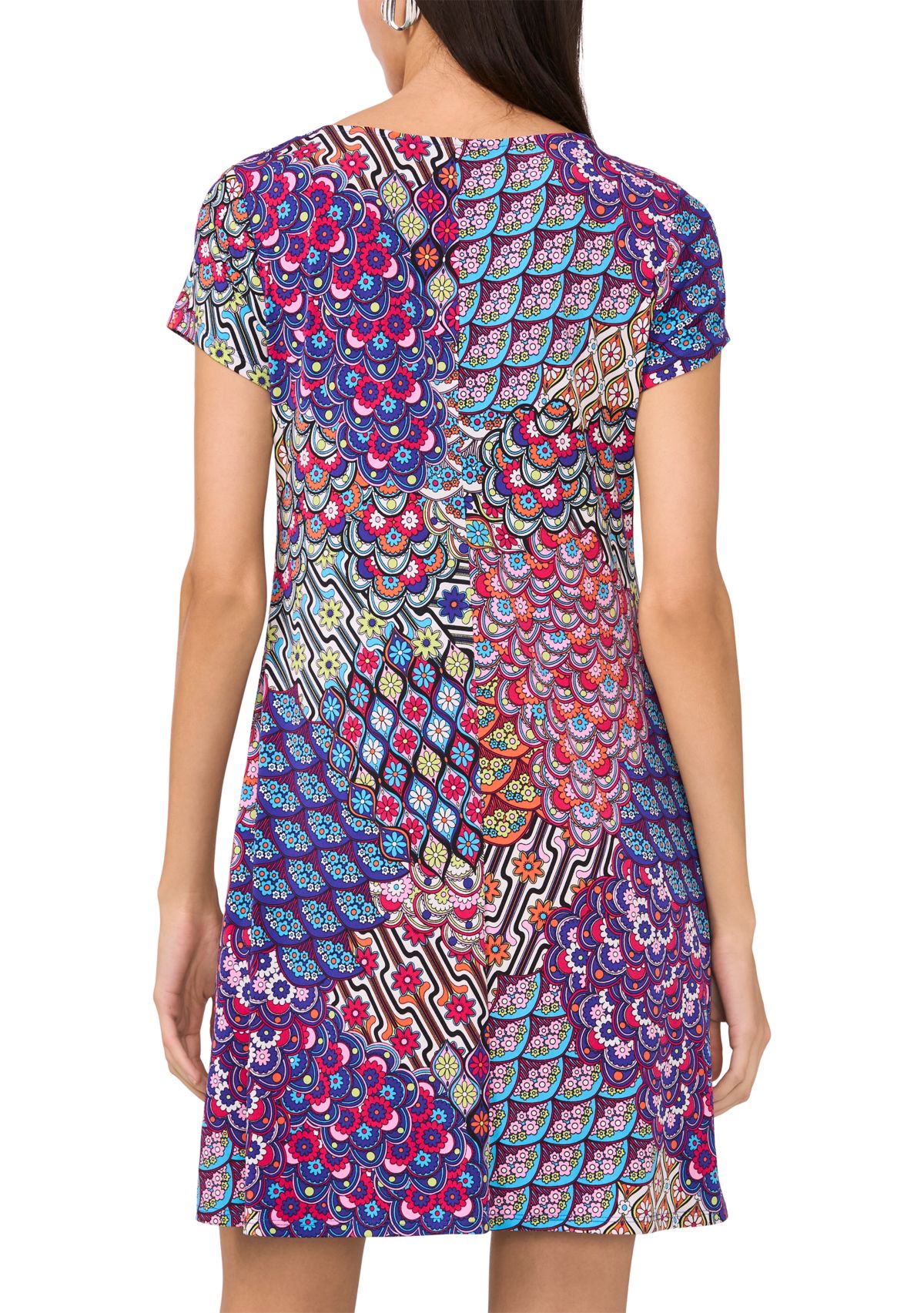 Womens Short Sleeve Crew Neck Abstract Print Dress