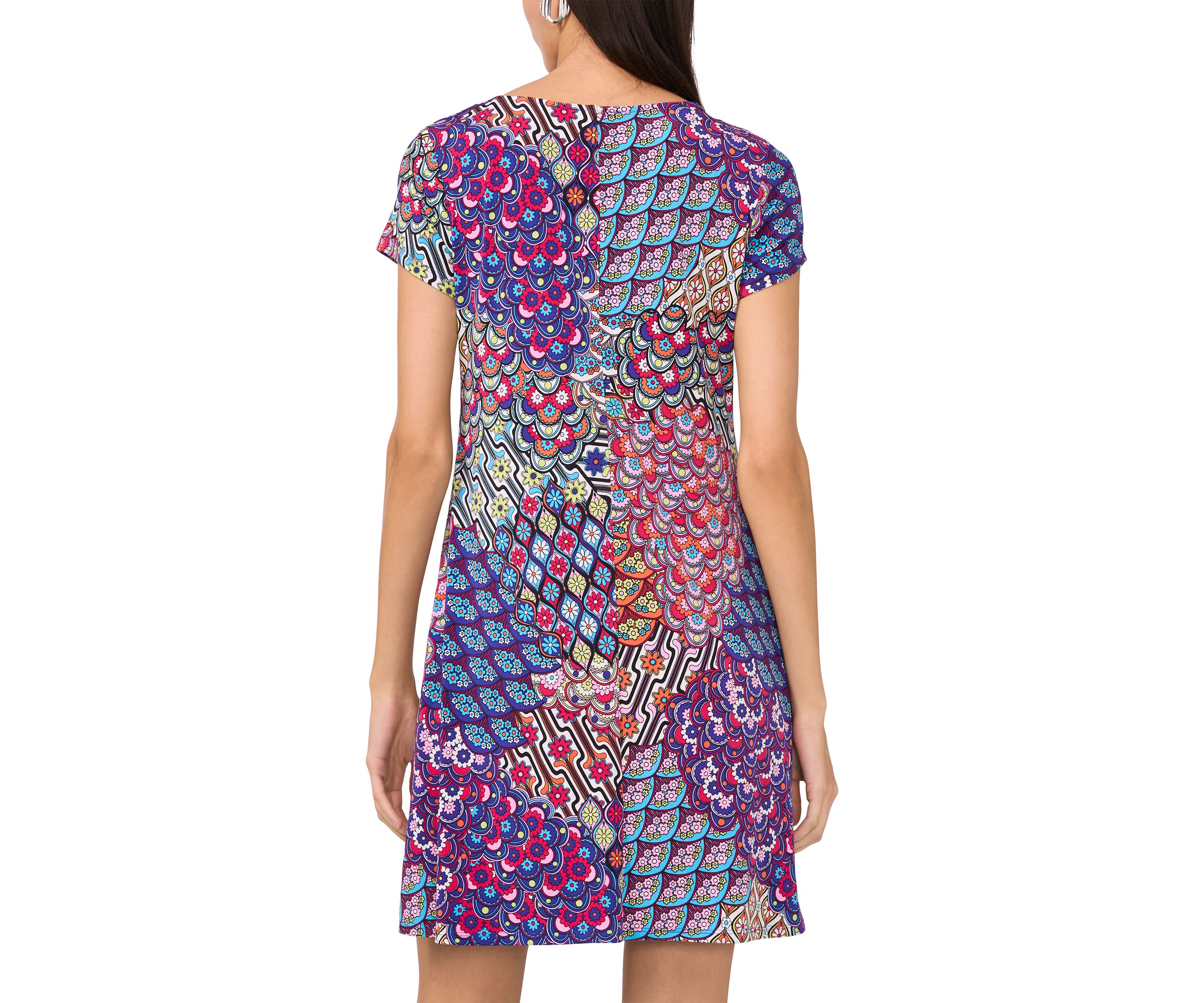 Womens Short Sleeve Crew Neck Abstract Print Dress