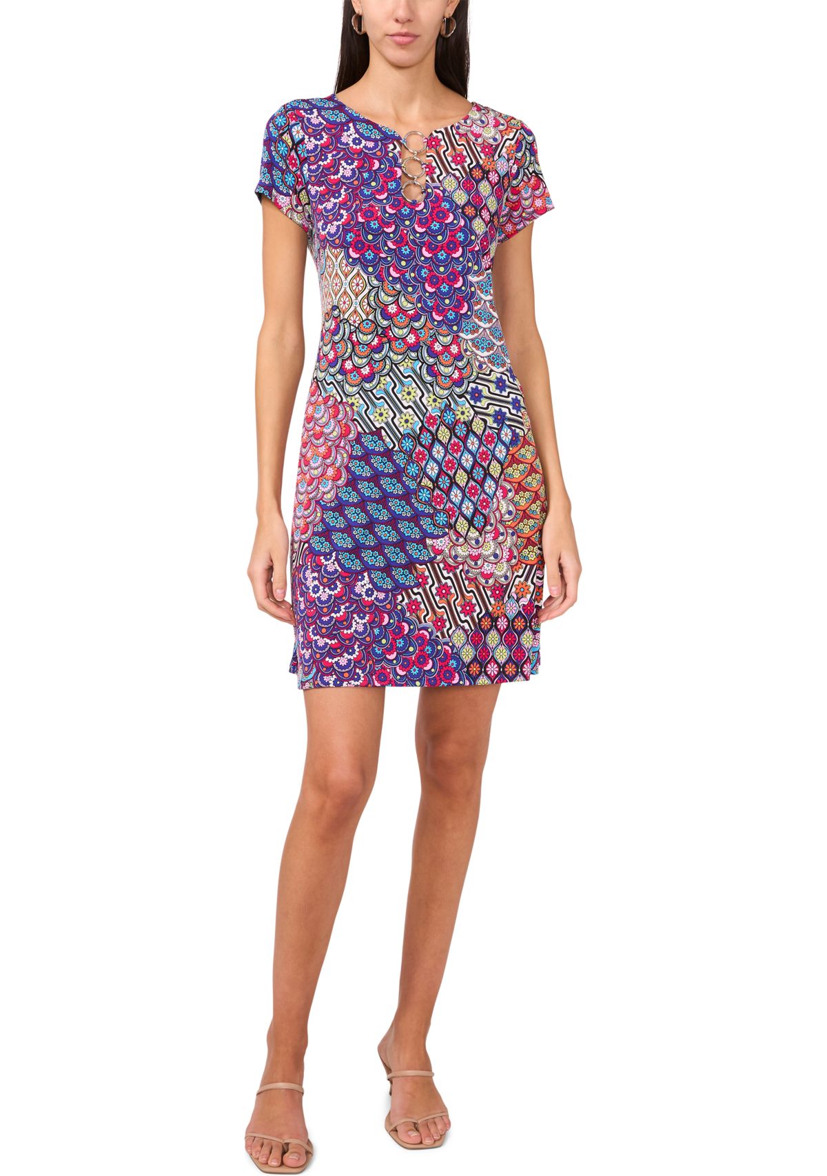 Womens Short Sleeve Crew Neck Abstract Print Dress