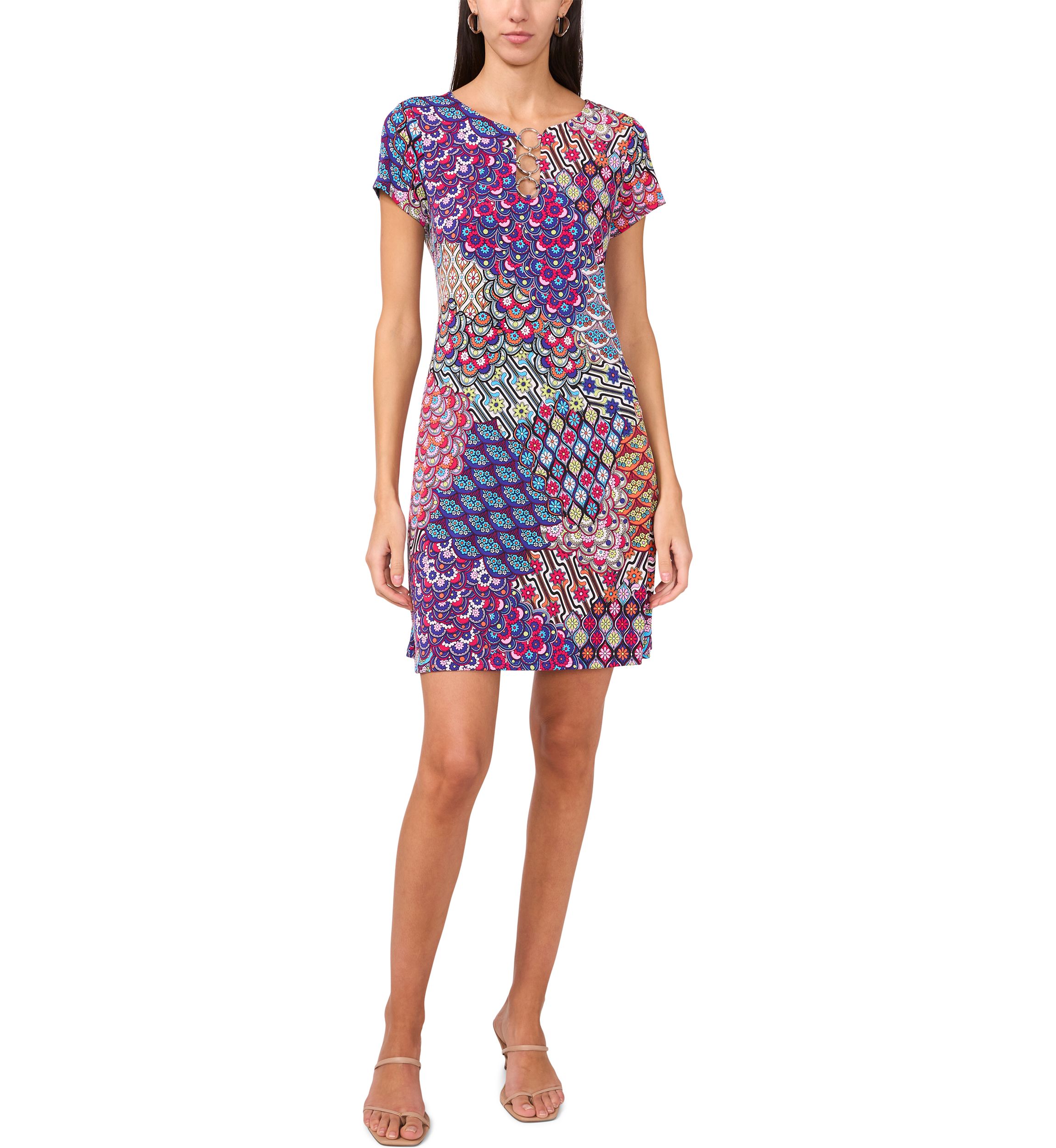 Womens Short Sleeve Crew Neck Abstract Print Dress
