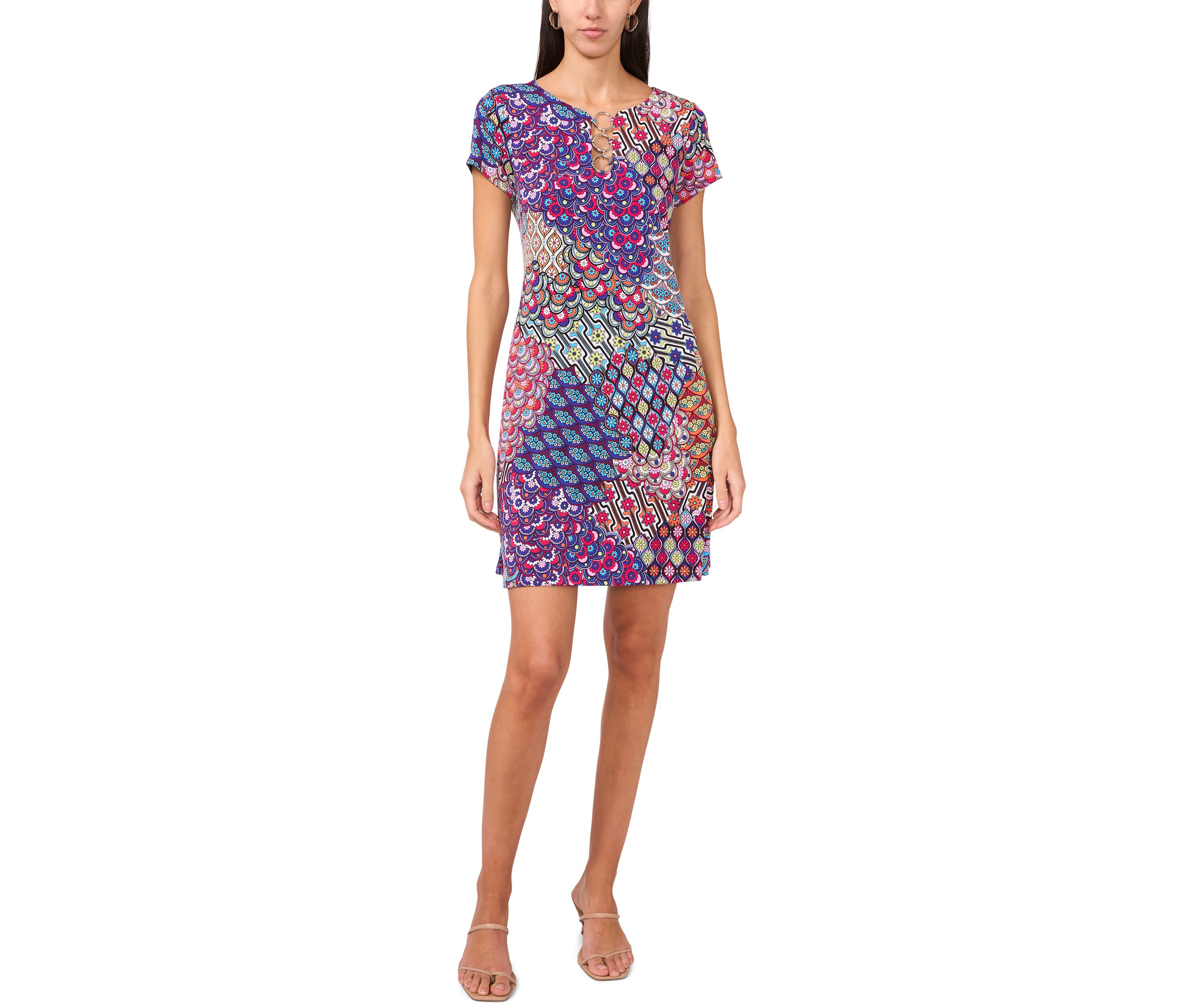 Womens Short Sleeve Crew Neck Abstract Print Dress