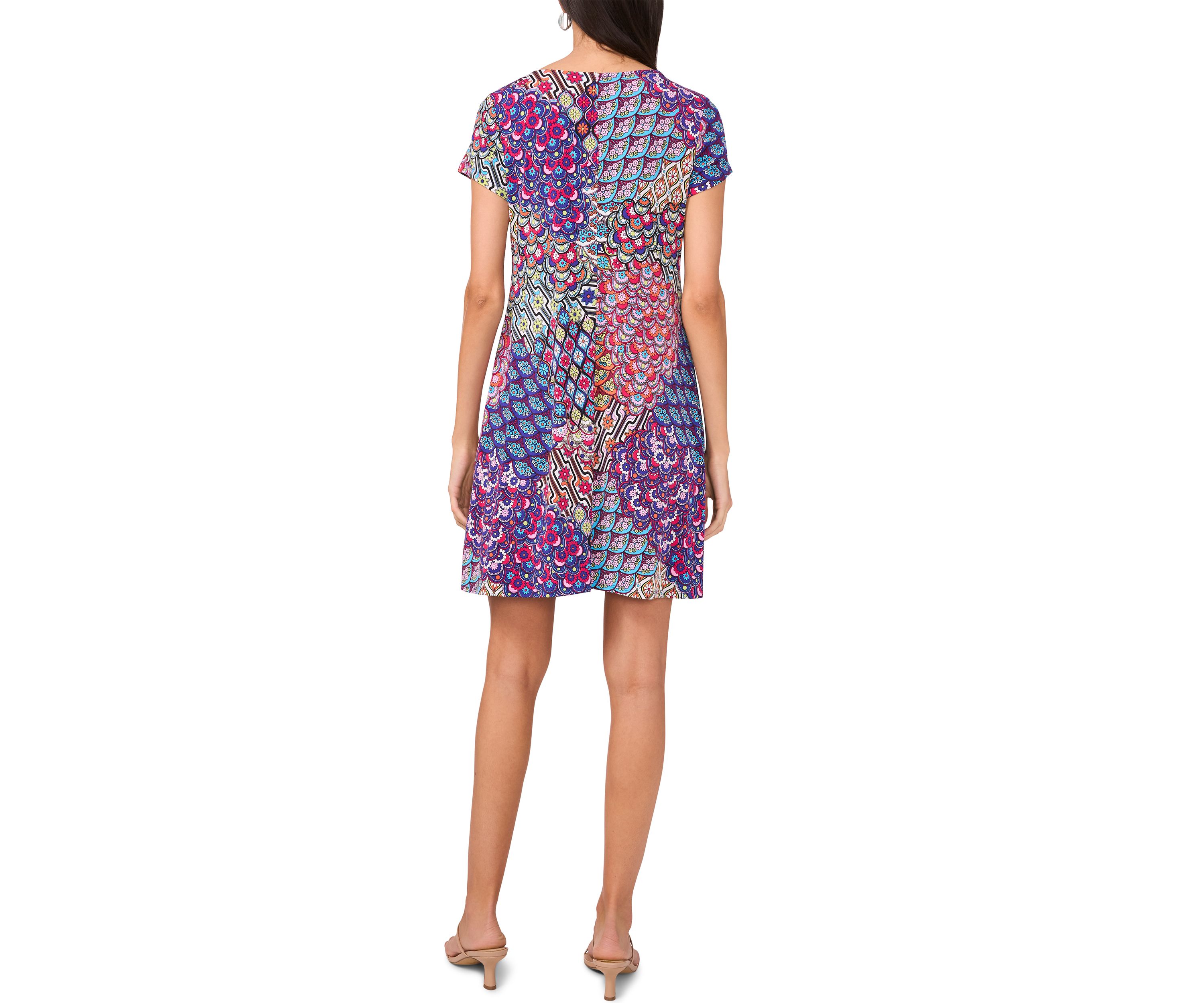 Womens Short Sleeve Crew Neck Abstract Print Dress