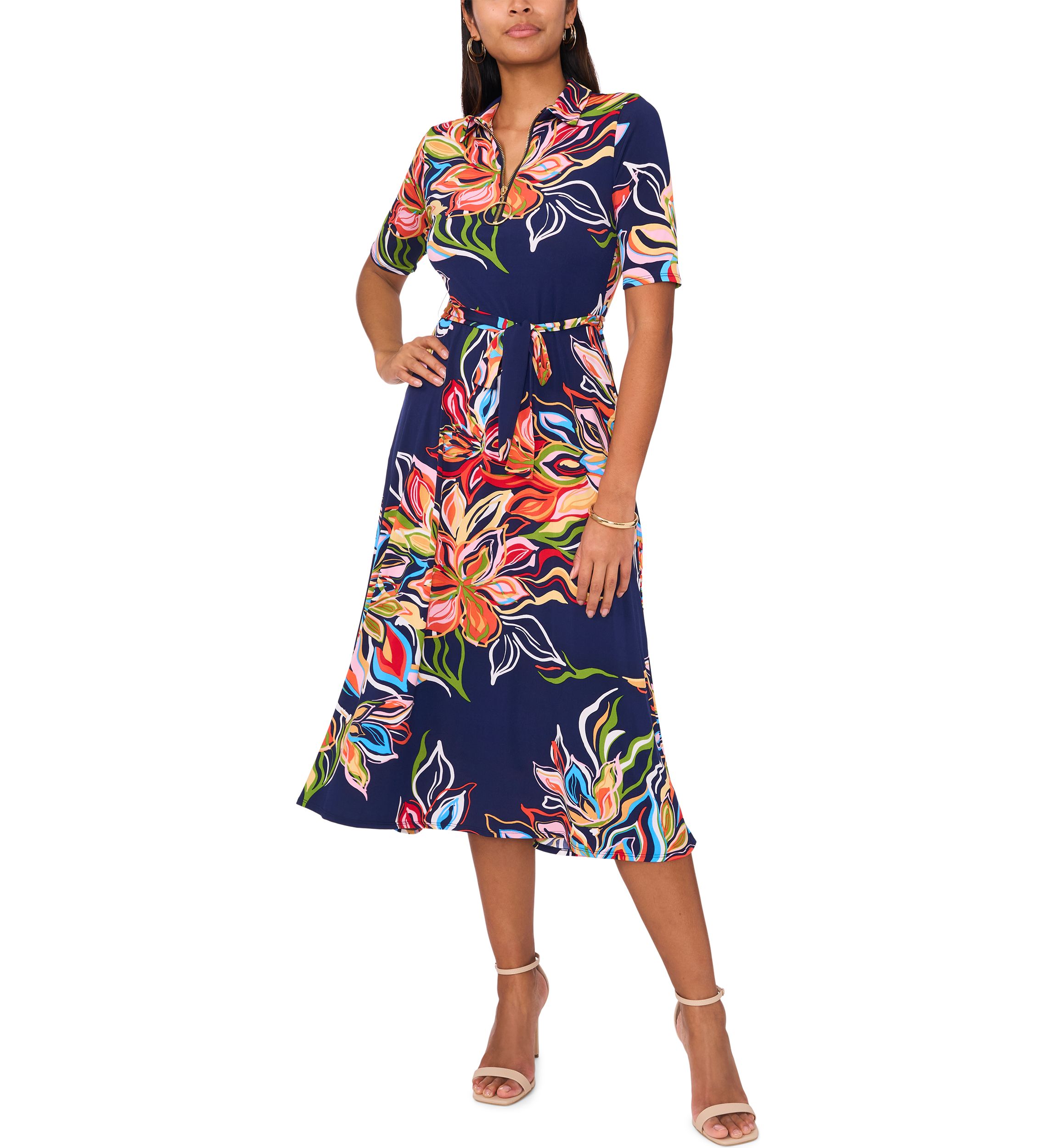 Womens Short Sleeve Collar Printed Fit and Flare Maxi Dress