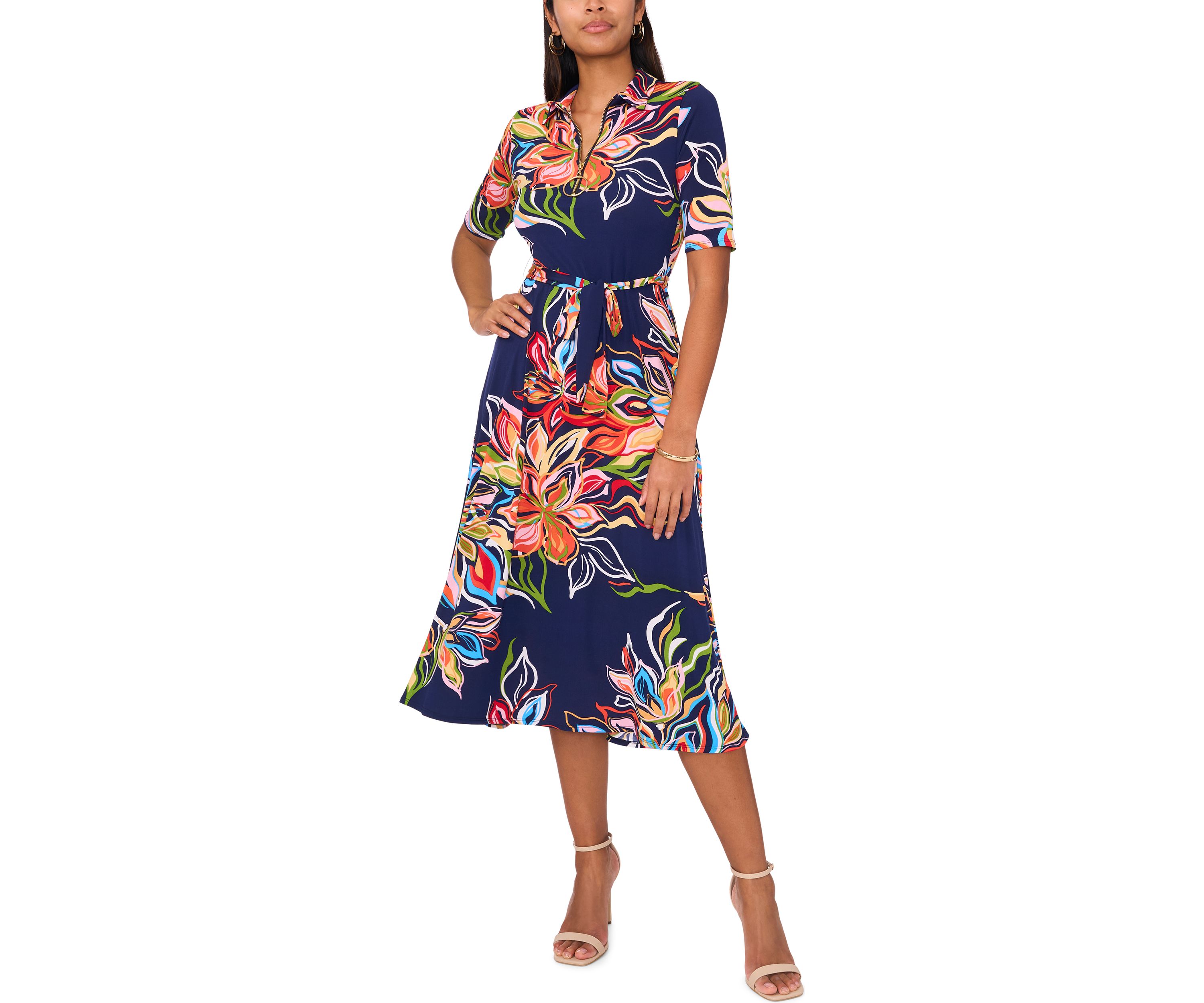 Womens Short Sleeve Collar Printed Fit and Flare Maxi Dress