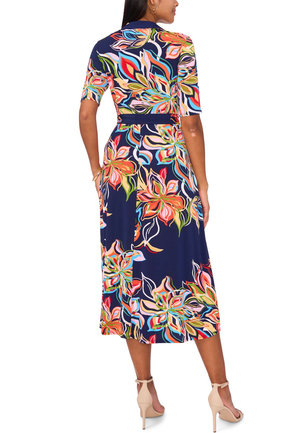 Womens Short Sleeve Collar Printed Fit and Flare Maxi Dress