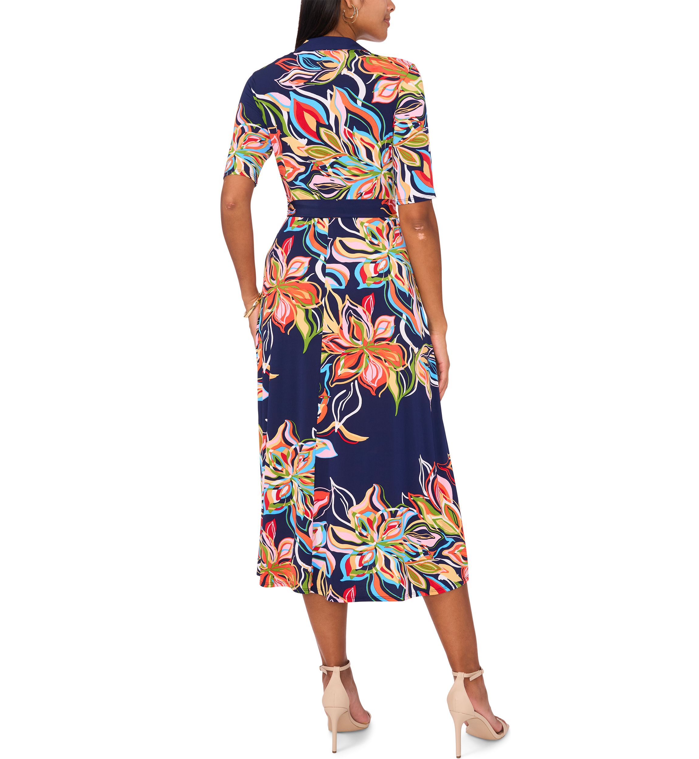 Womens Short Sleeve Collar Printed Fit and Flare Maxi Dress