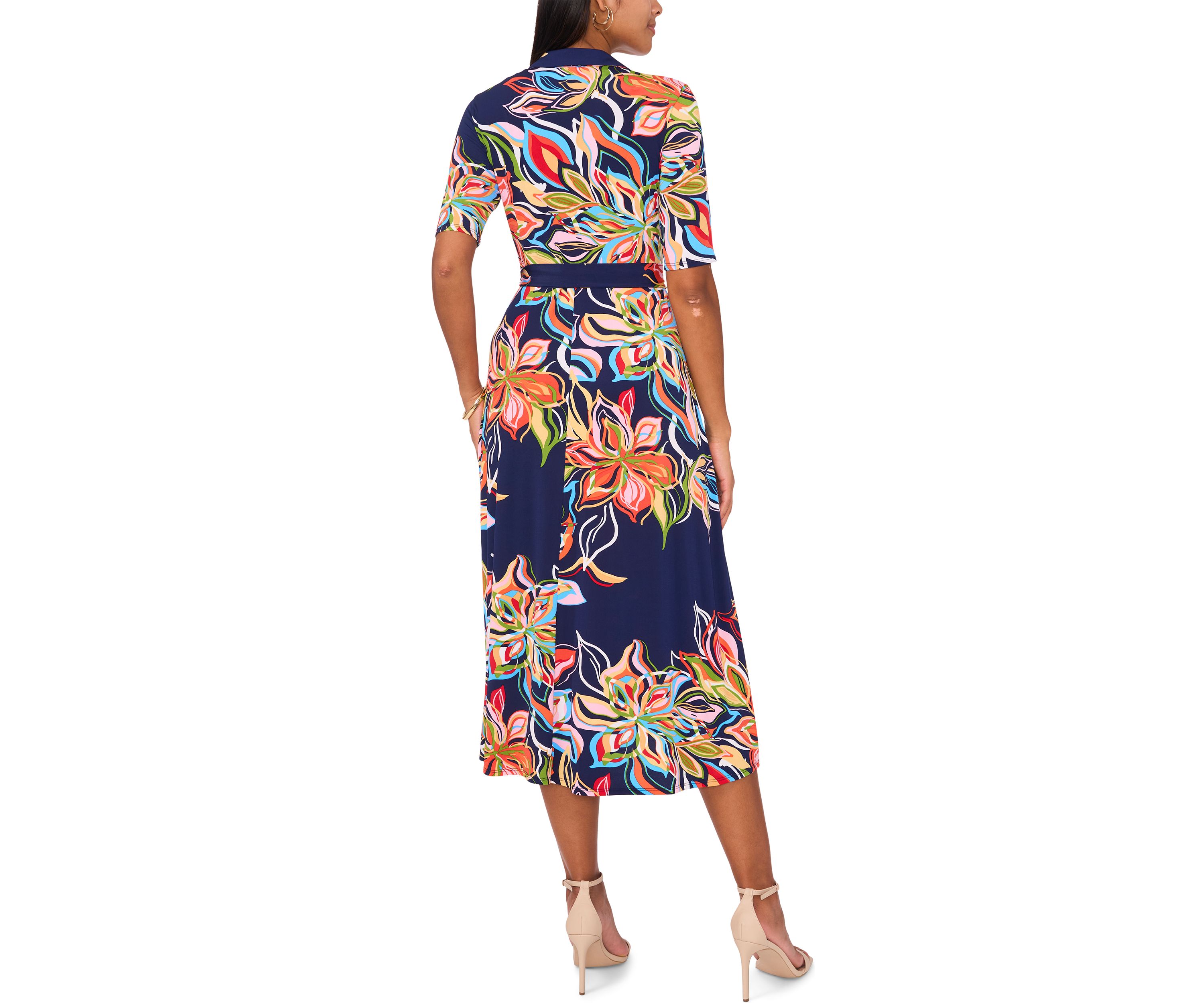 Womens Short Sleeve Collar Printed Fit and Flare Maxi Dress