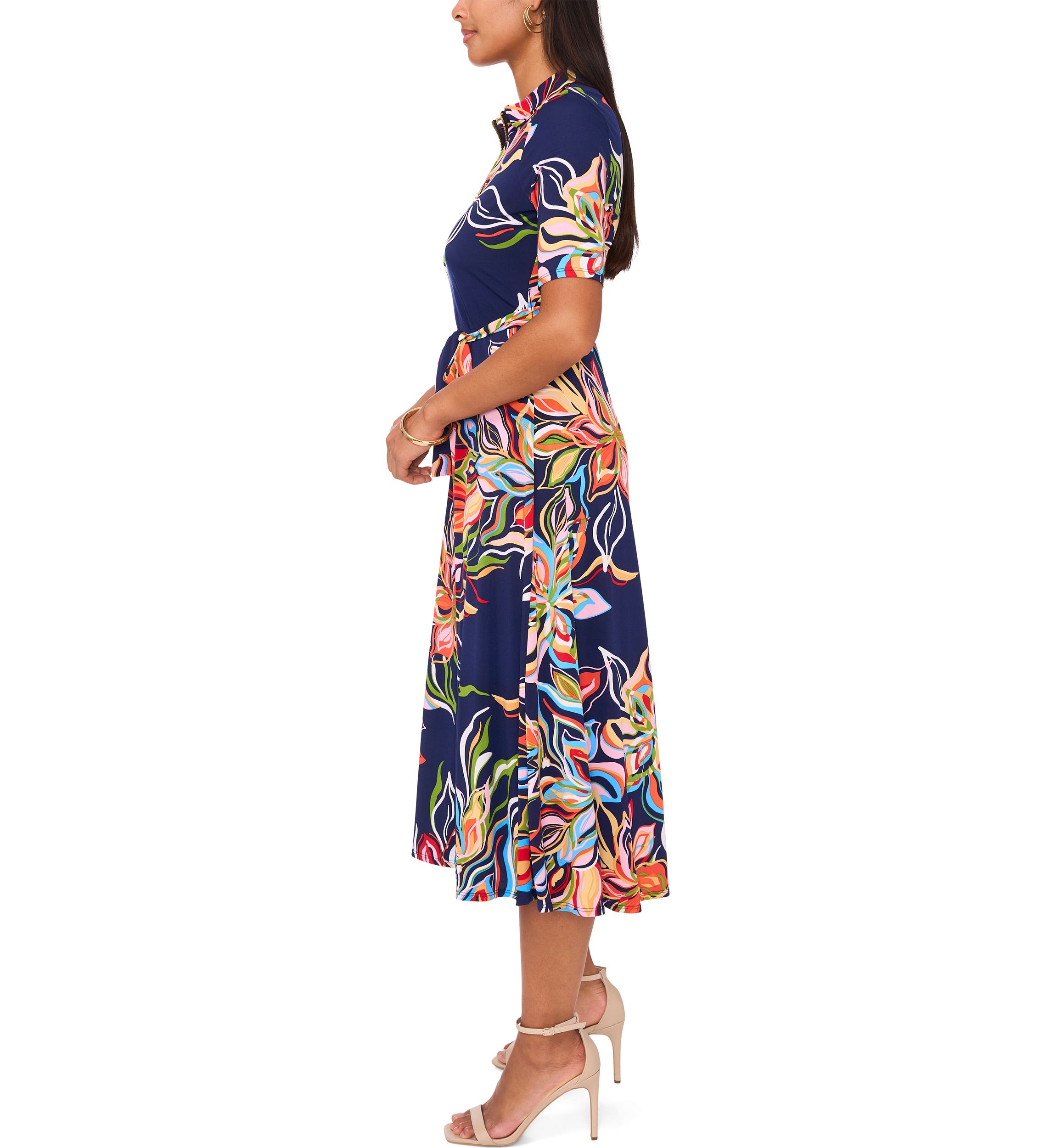 Womens Short Sleeve Collar Printed Fit and Flare Maxi Dress