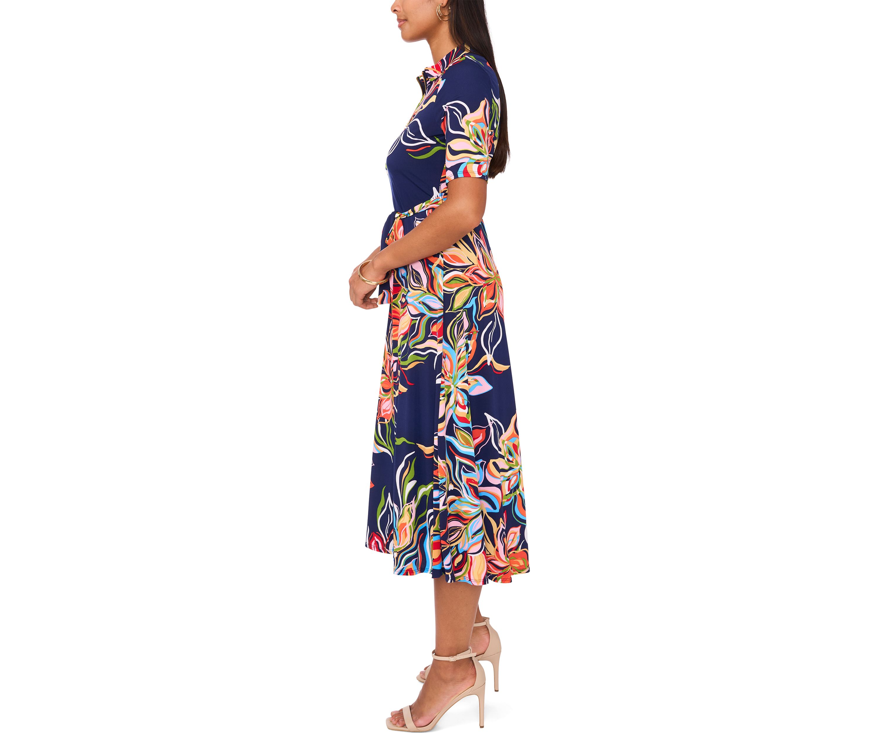 Womens Short Sleeve Collar Printed Fit and Flare Maxi Dress