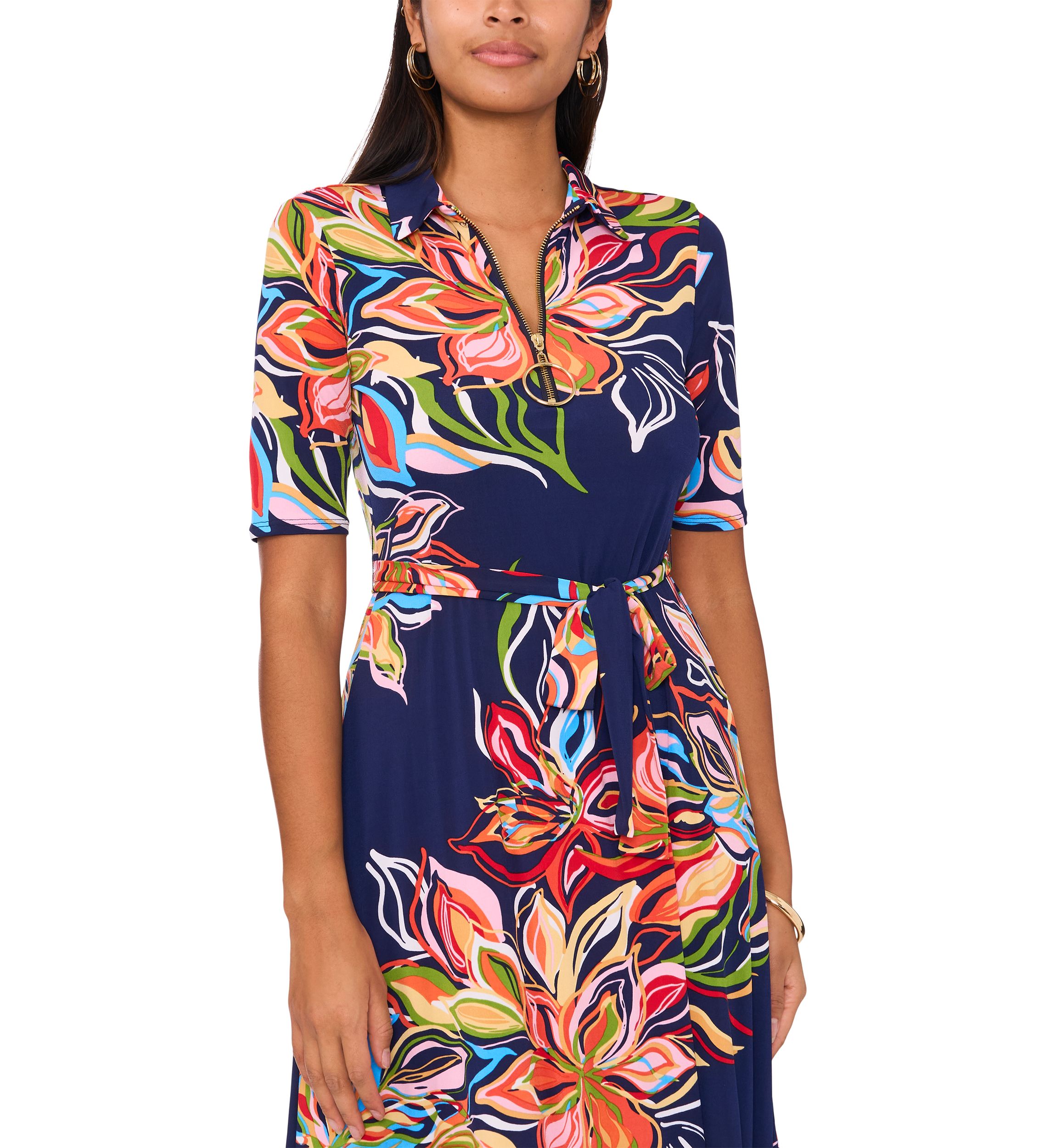 Womens Short Sleeve Collar Printed Fit and Flare Maxi Dress