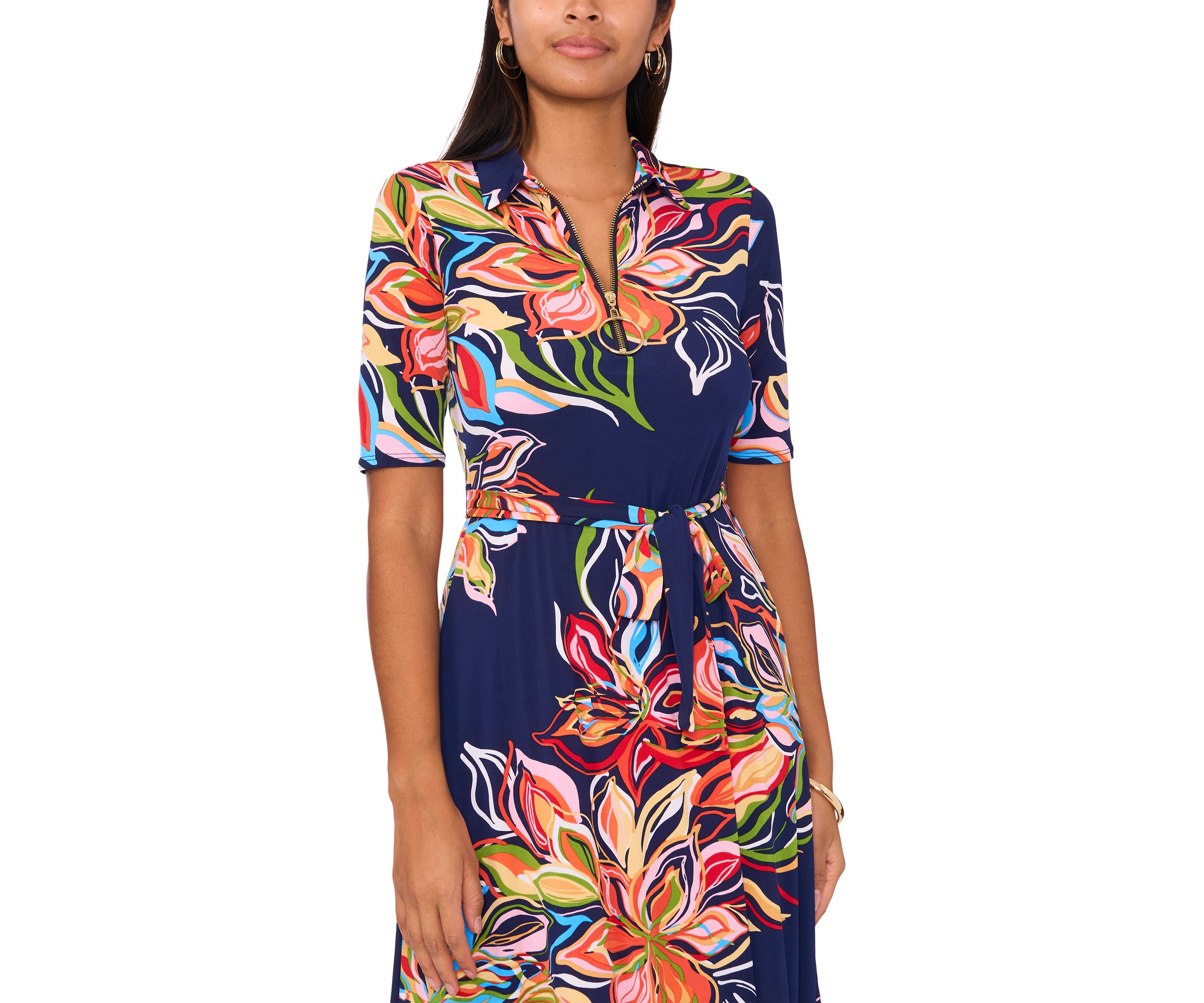 Womens Short Sleeve Collar Printed Fit and Flare Maxi Dress