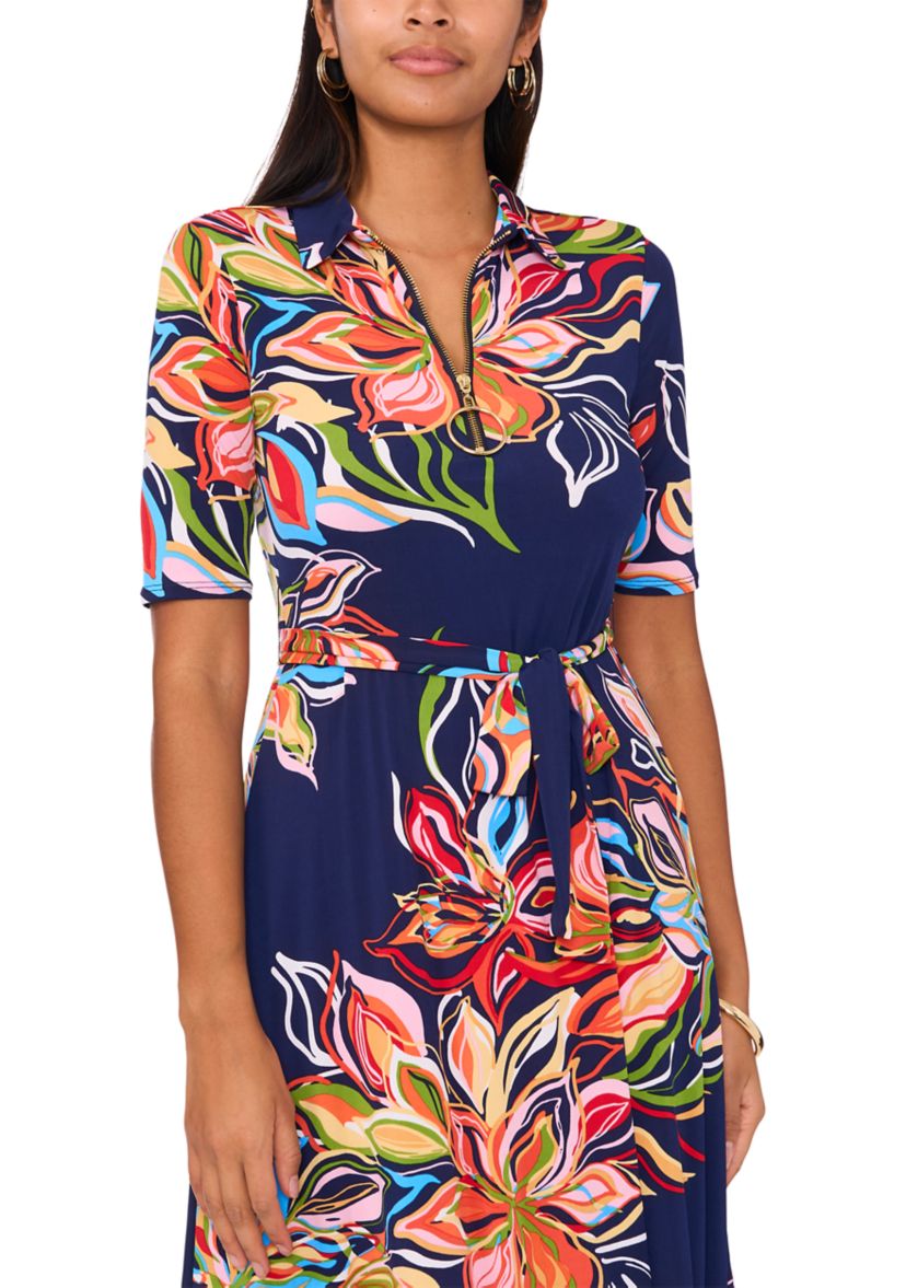 Womens Short Sleeve Collar Printed Fit and Flare Maxi Dress