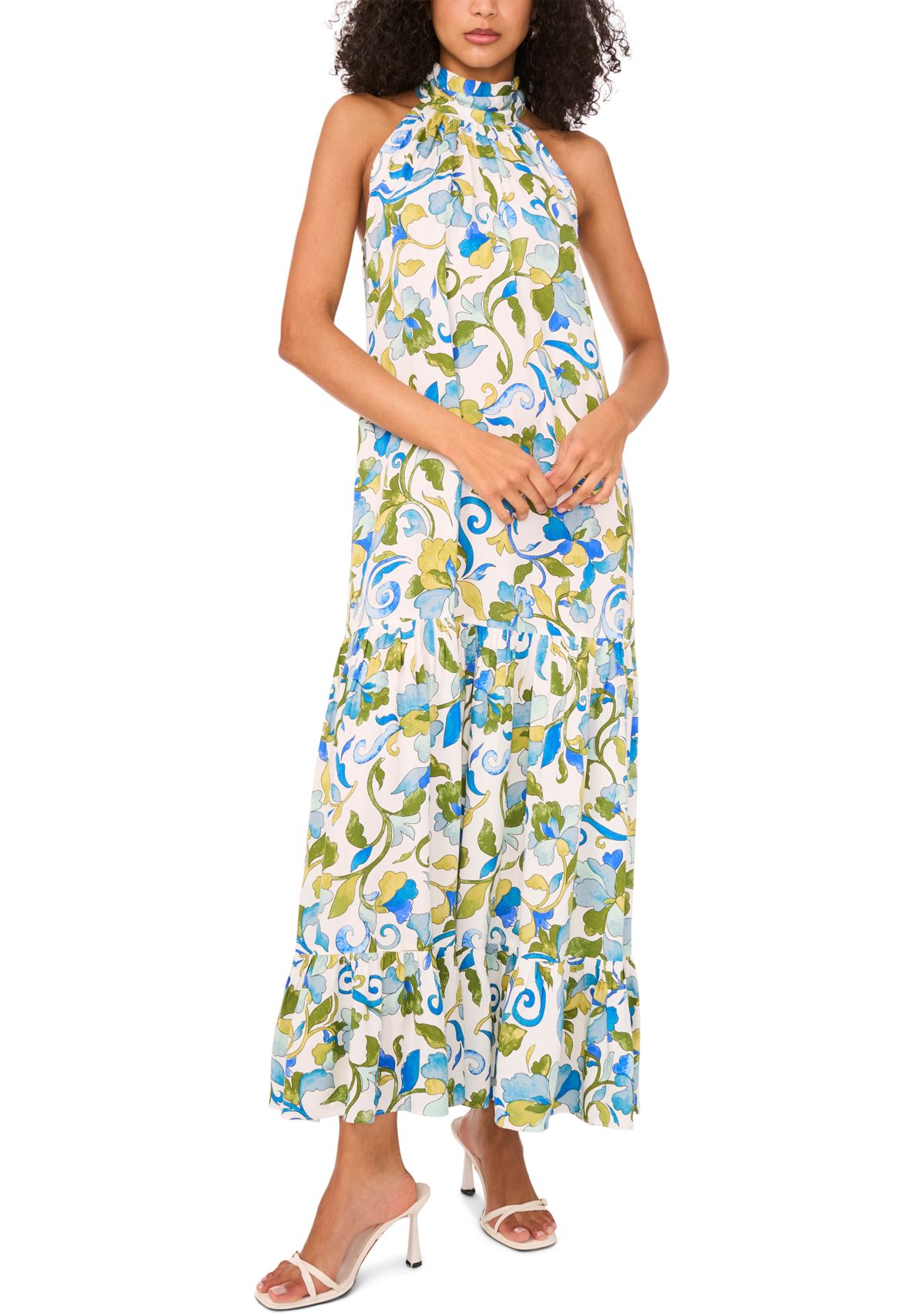 Womens Sleeveless Halter Neck Floral Print Maxi Dress
