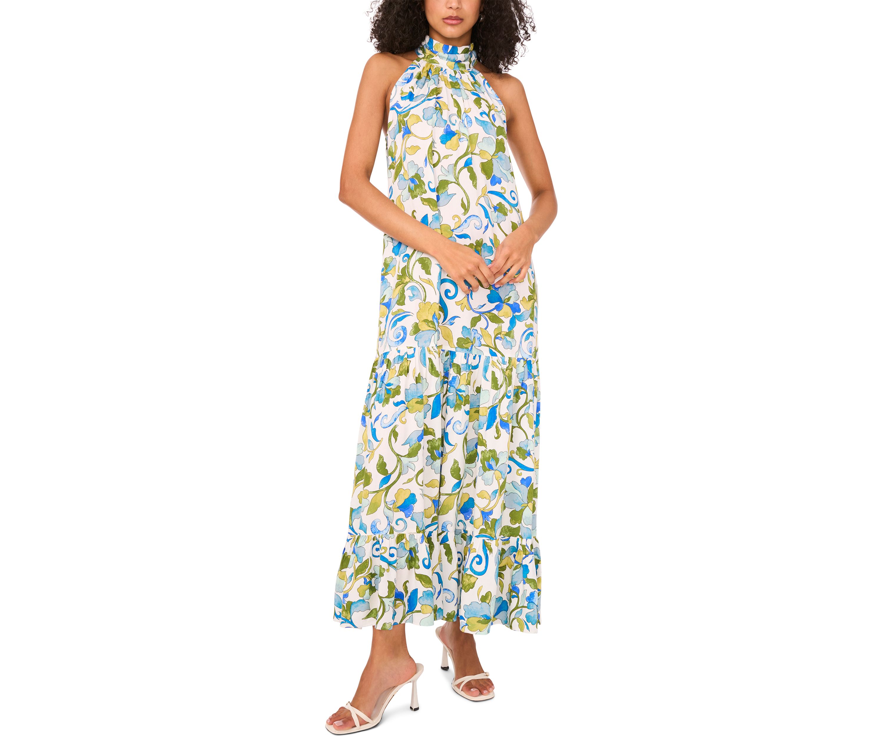 Womens Sleeveless Halter Neck Floral Print Maxi Dress