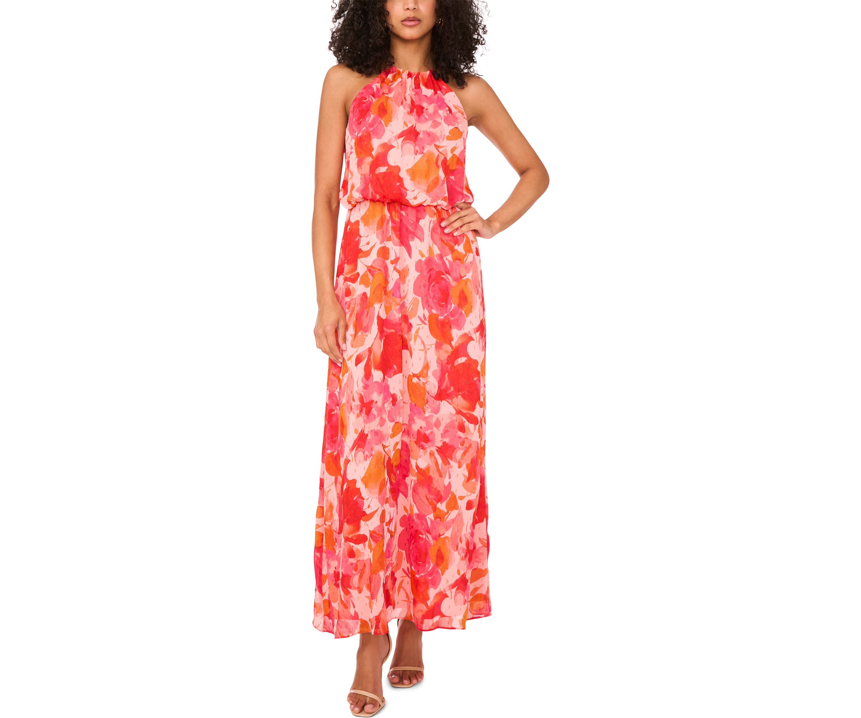 Womens Sleeveless Halter Neck Floral Print Maxi Dress
