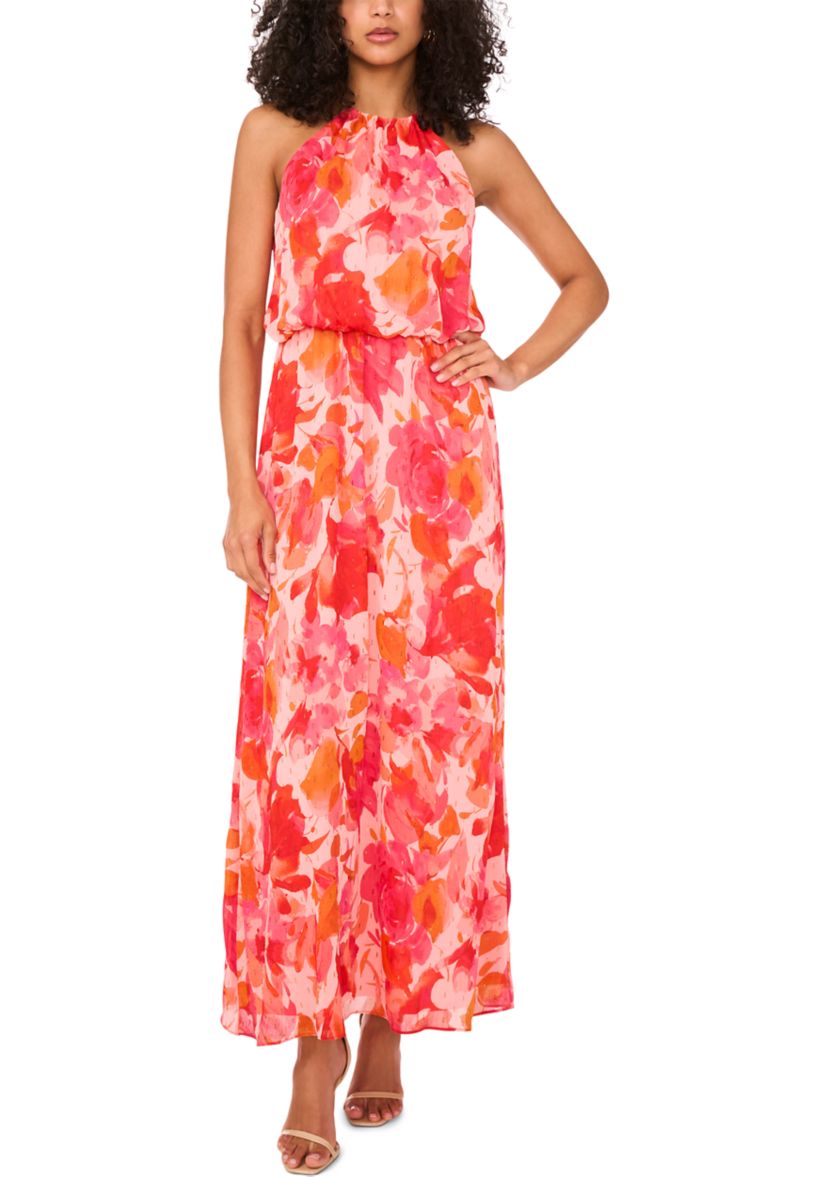 Womens Sleeveless Halter Neck Floral Print Maxi Dress