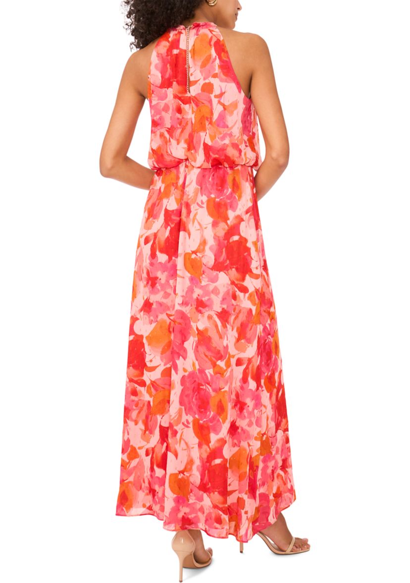 Womens Sleeveless Halter Neck Floral Print Maxi Dress