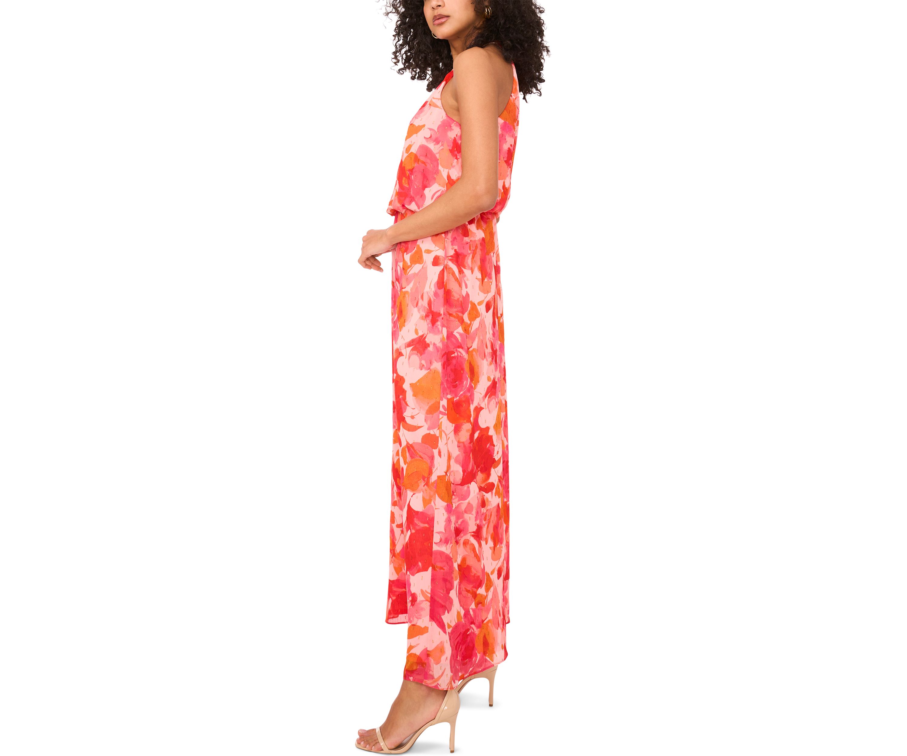Womens Sleeveless Halter Neck Floral Print Maxi Dress