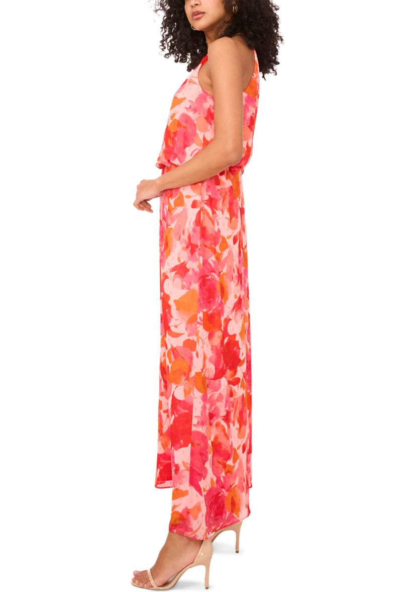 Womens Sleeveless Halter Neck Floral Print Maxi Dress