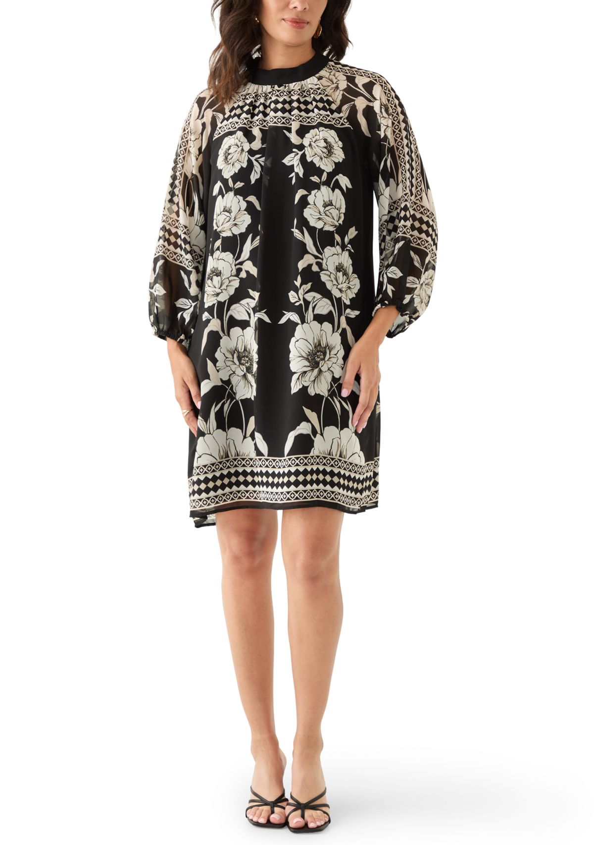 Womens Long Sleeve Mock Neck Floral Print A-Line Dress