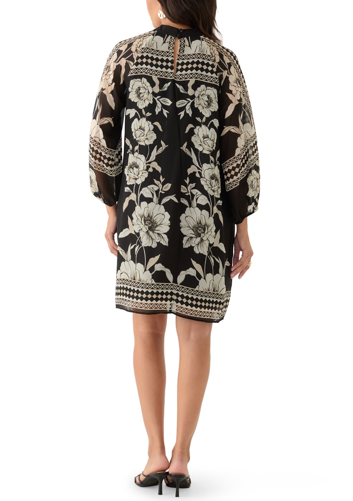 Womens Long Sleeve Mock Neck Floral Print A-Line Dress