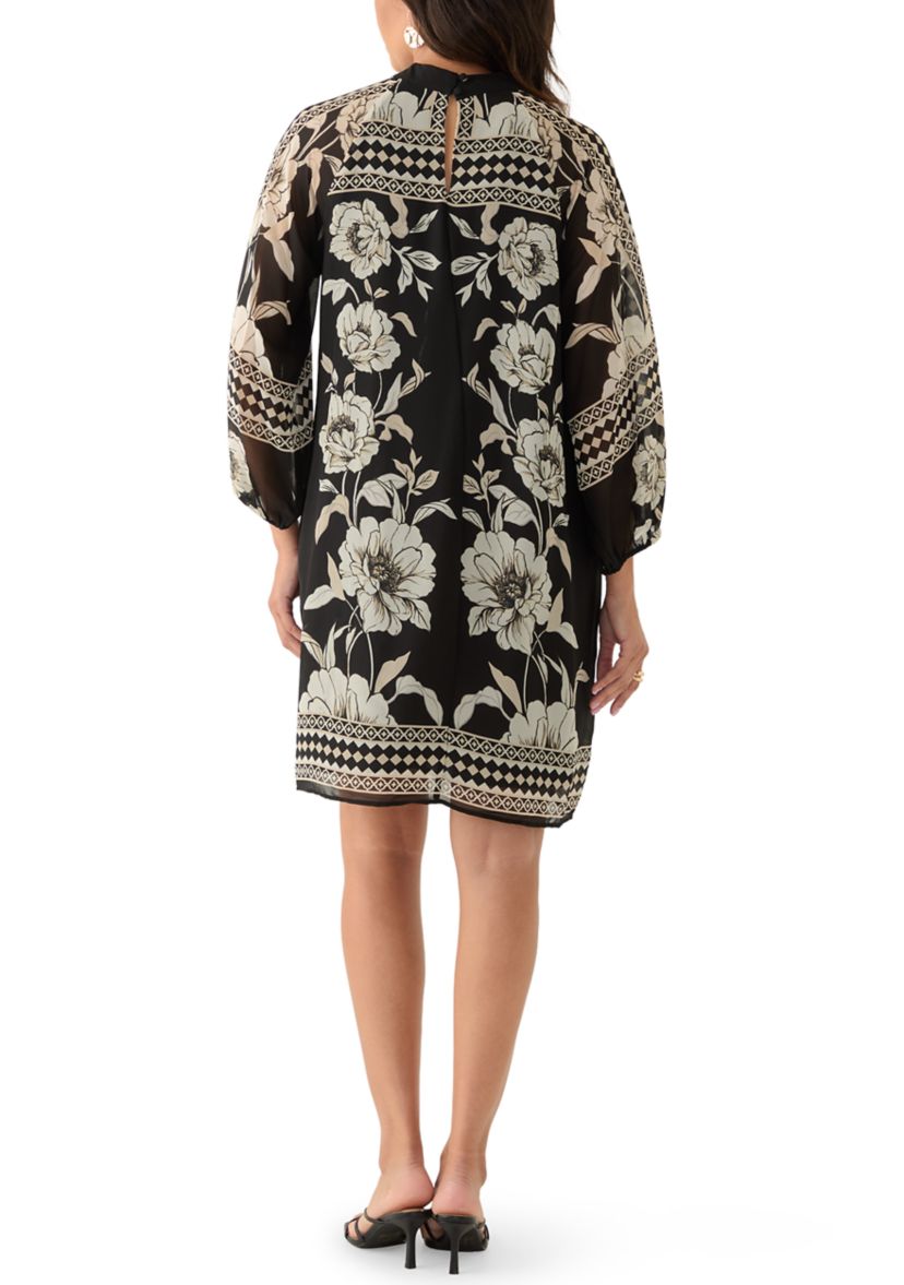 Womens Long Sleeve Mock Neck Floral Print A-Line Dress