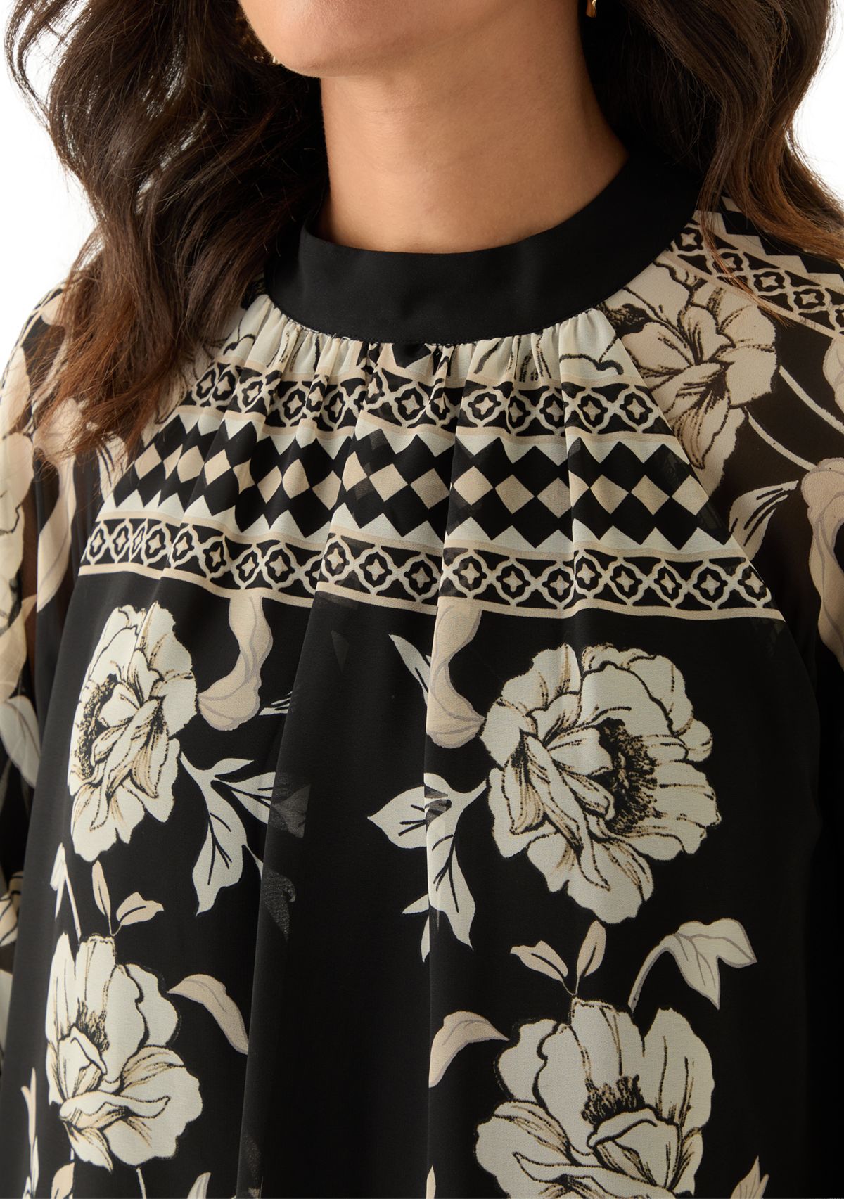 Womens Long Sleeve Mock Neck Floral Print A-Line Dress