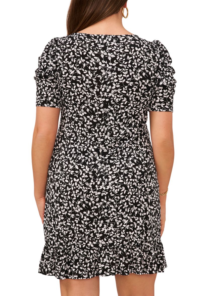 Womens Short Sleeve Crew Neck Dot Print A-Line Dress