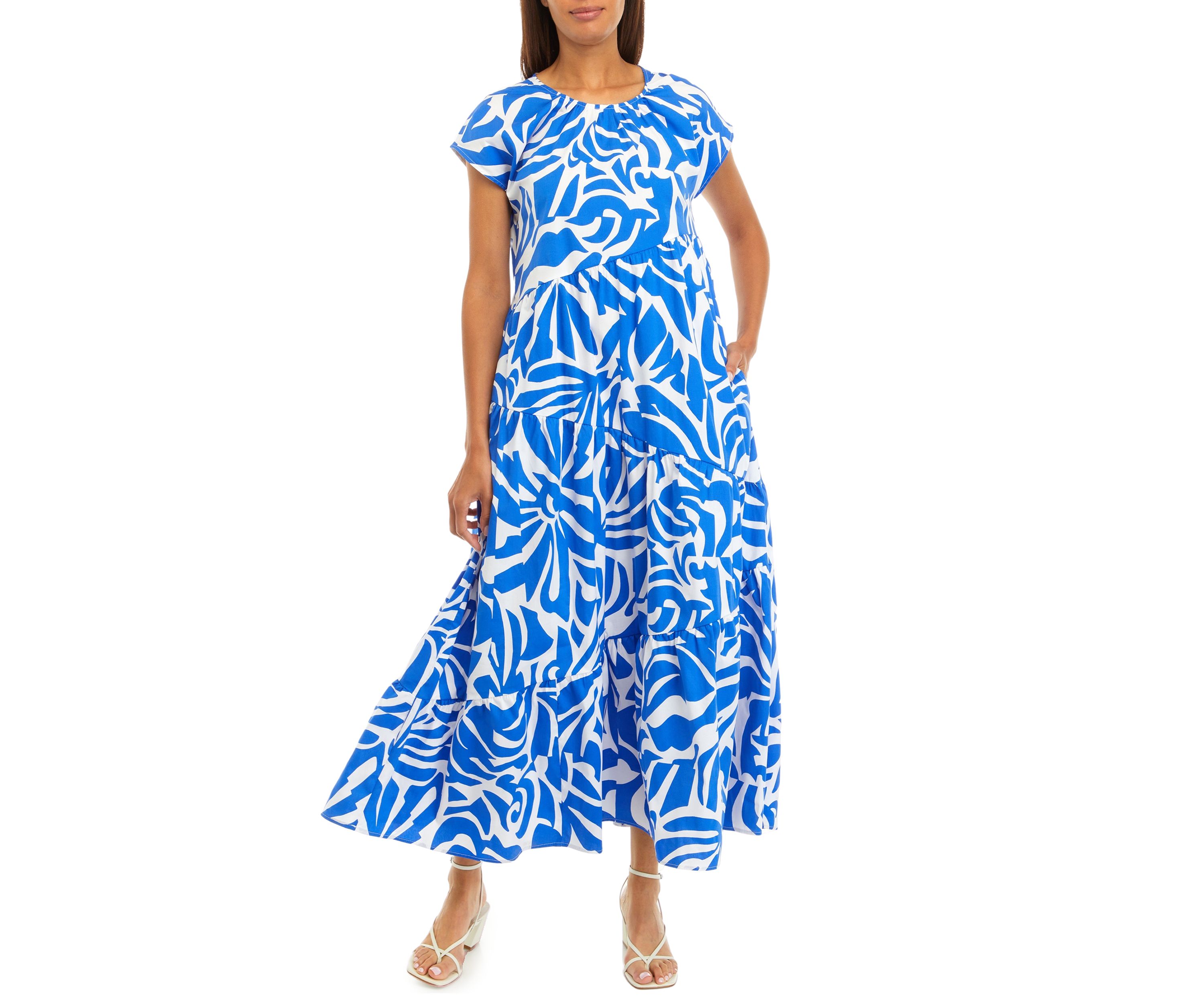 Womens Short Sleeve Keyhole Abstract Print Cotton Midi Dress