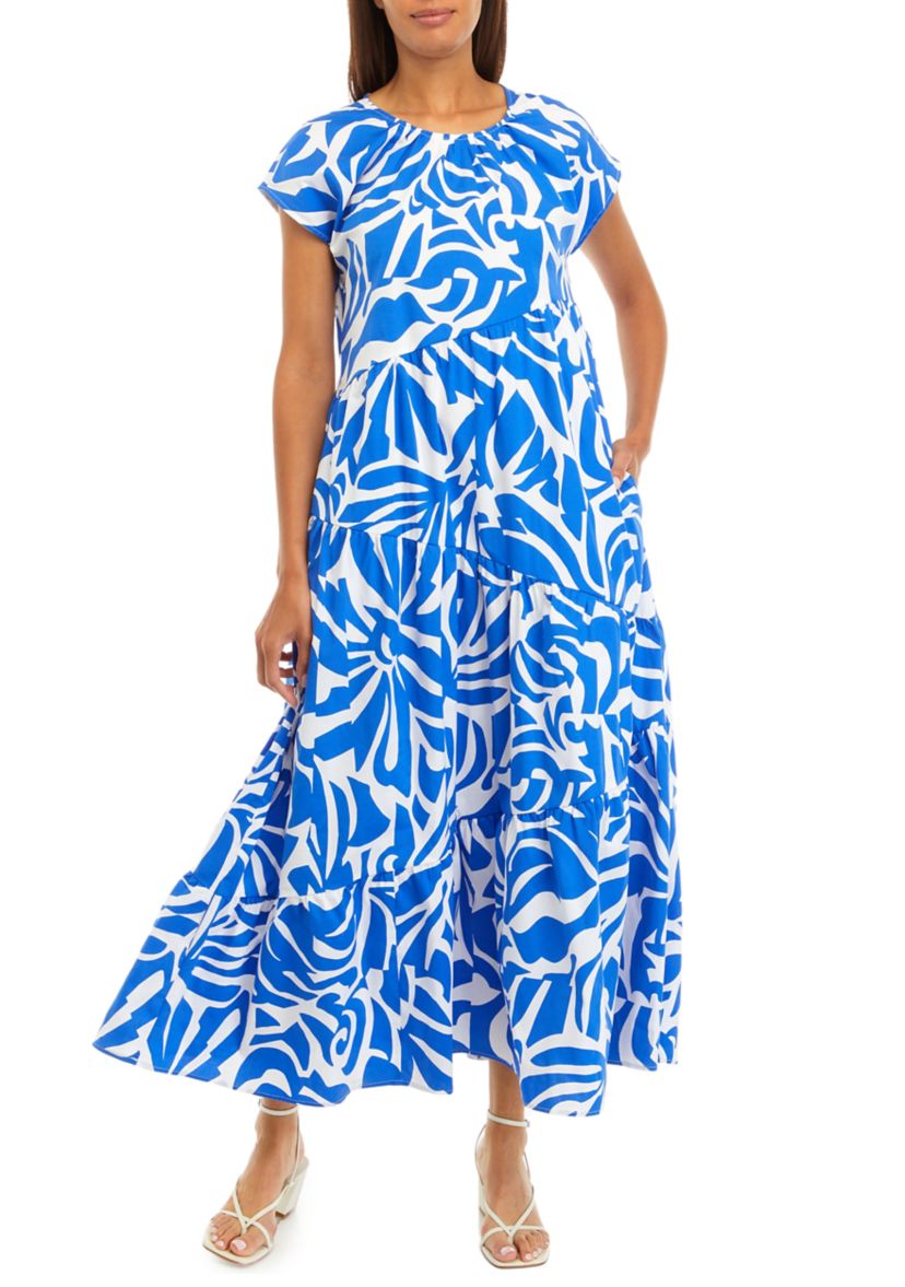 Womens Short Sleeve Keyhole Abstract Print Cotton Midi Dress