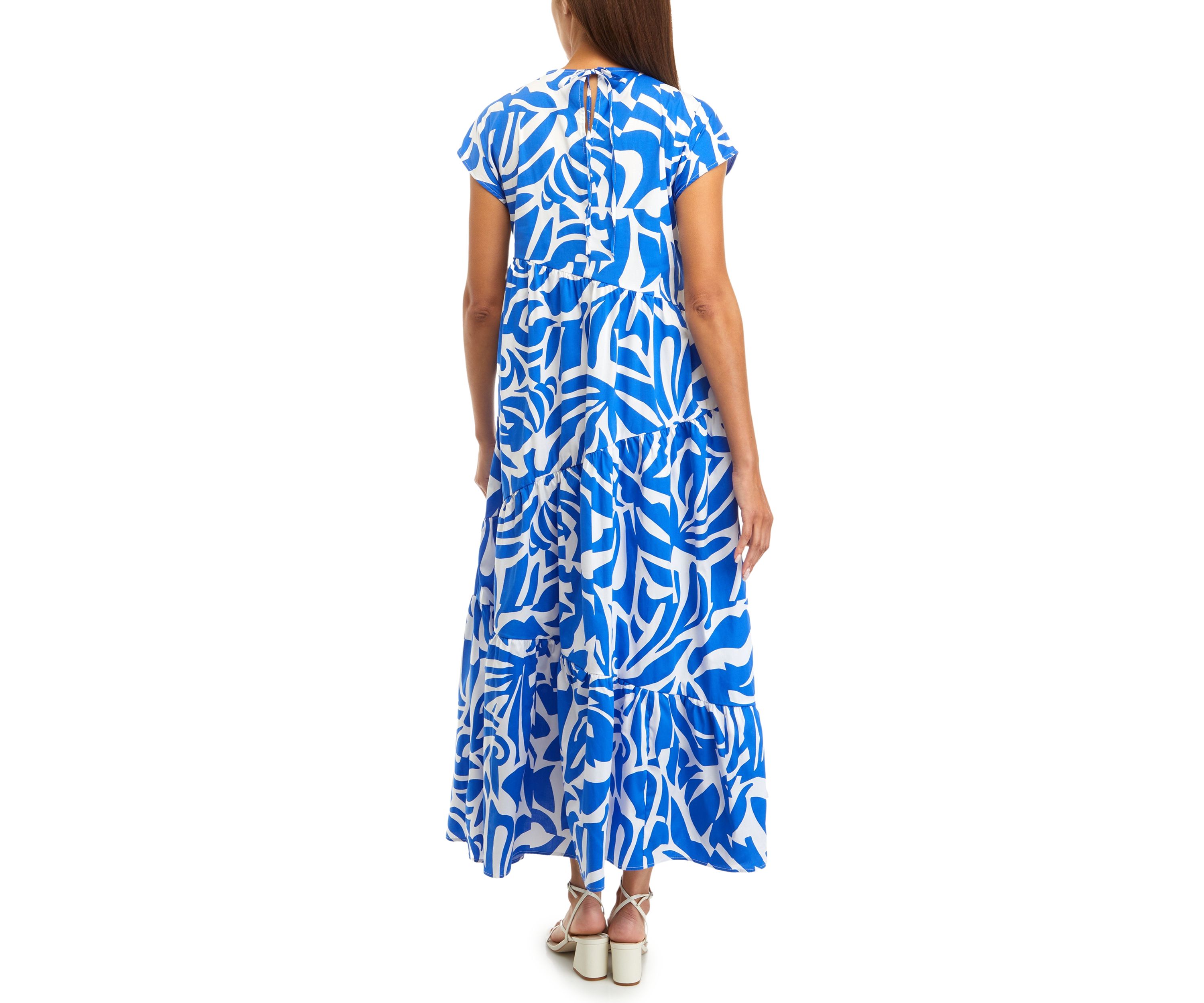 Womens Short Sleeve Keyhole Abstract Print Cotton Midi Dress