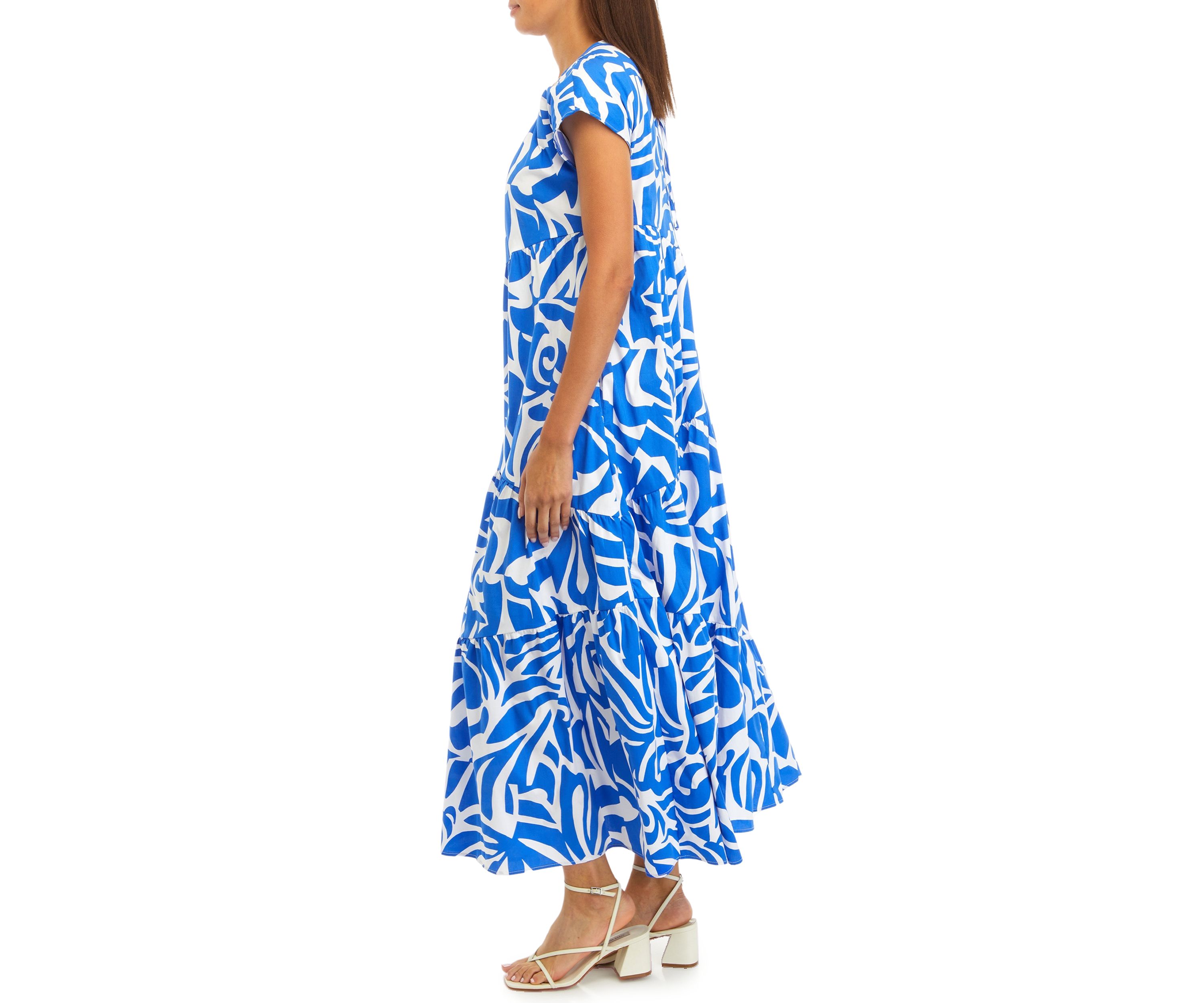 Womens Short Sleeve Keyhole Abstract Print Cotton Midi Dress