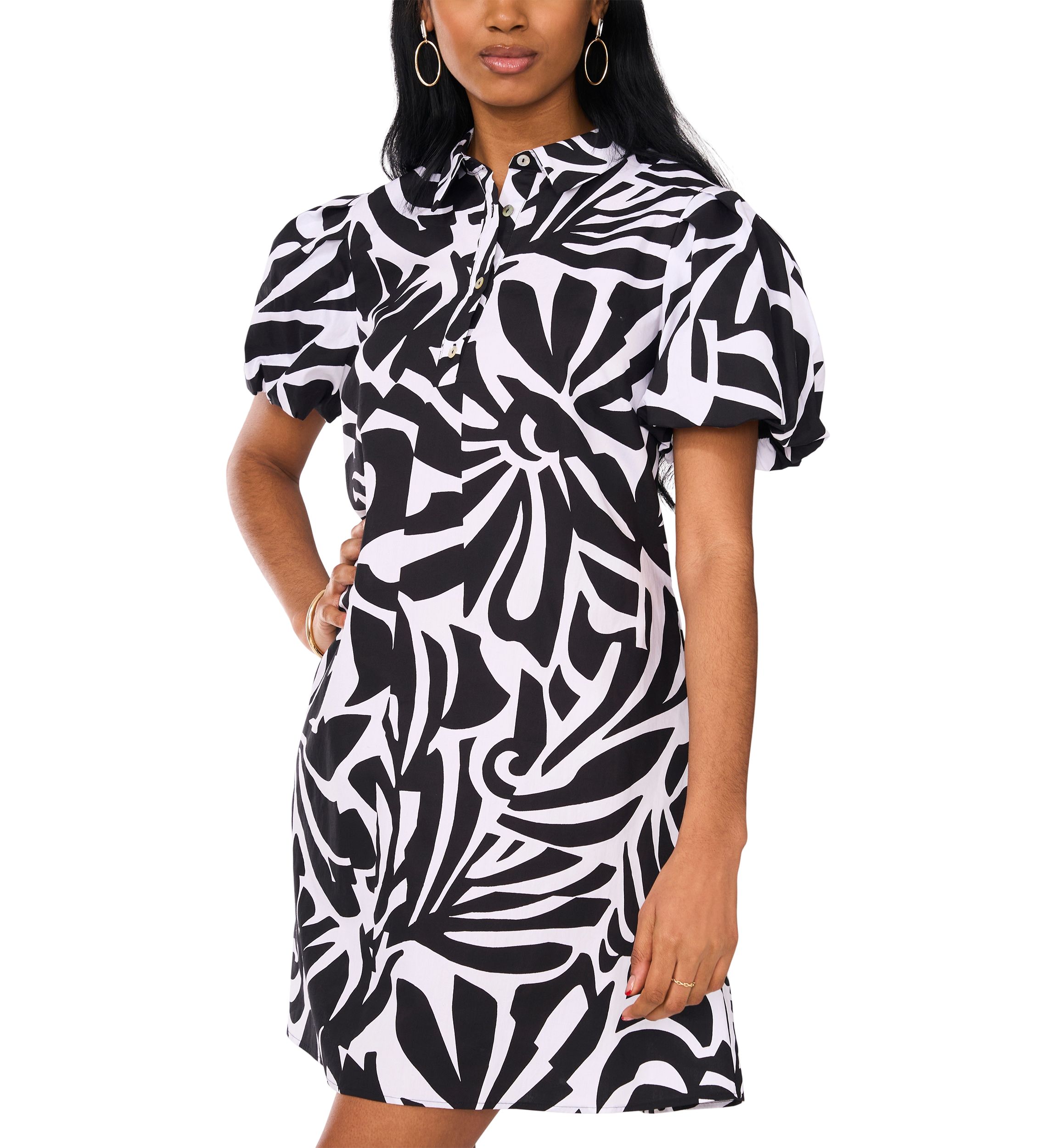 Womens Puff Sleeve Collar Neck Abstract Print Cotton A-Line Dress