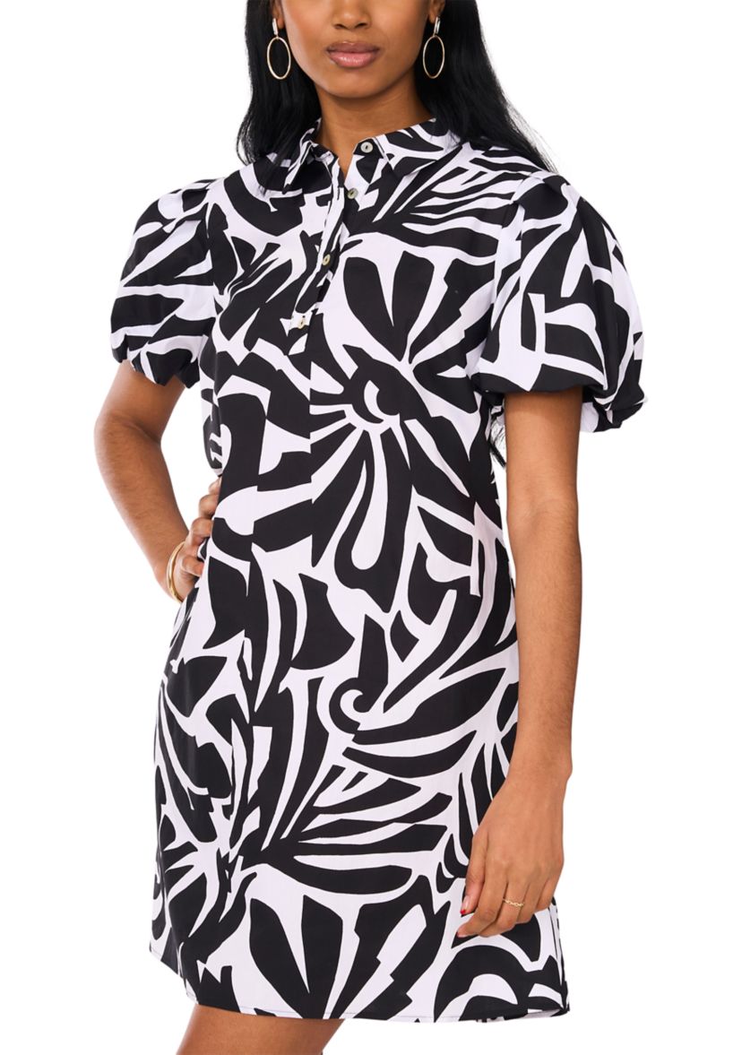 Womens Puff Sleeve Collar Neck Abstract Print Cotton A-Line Dress