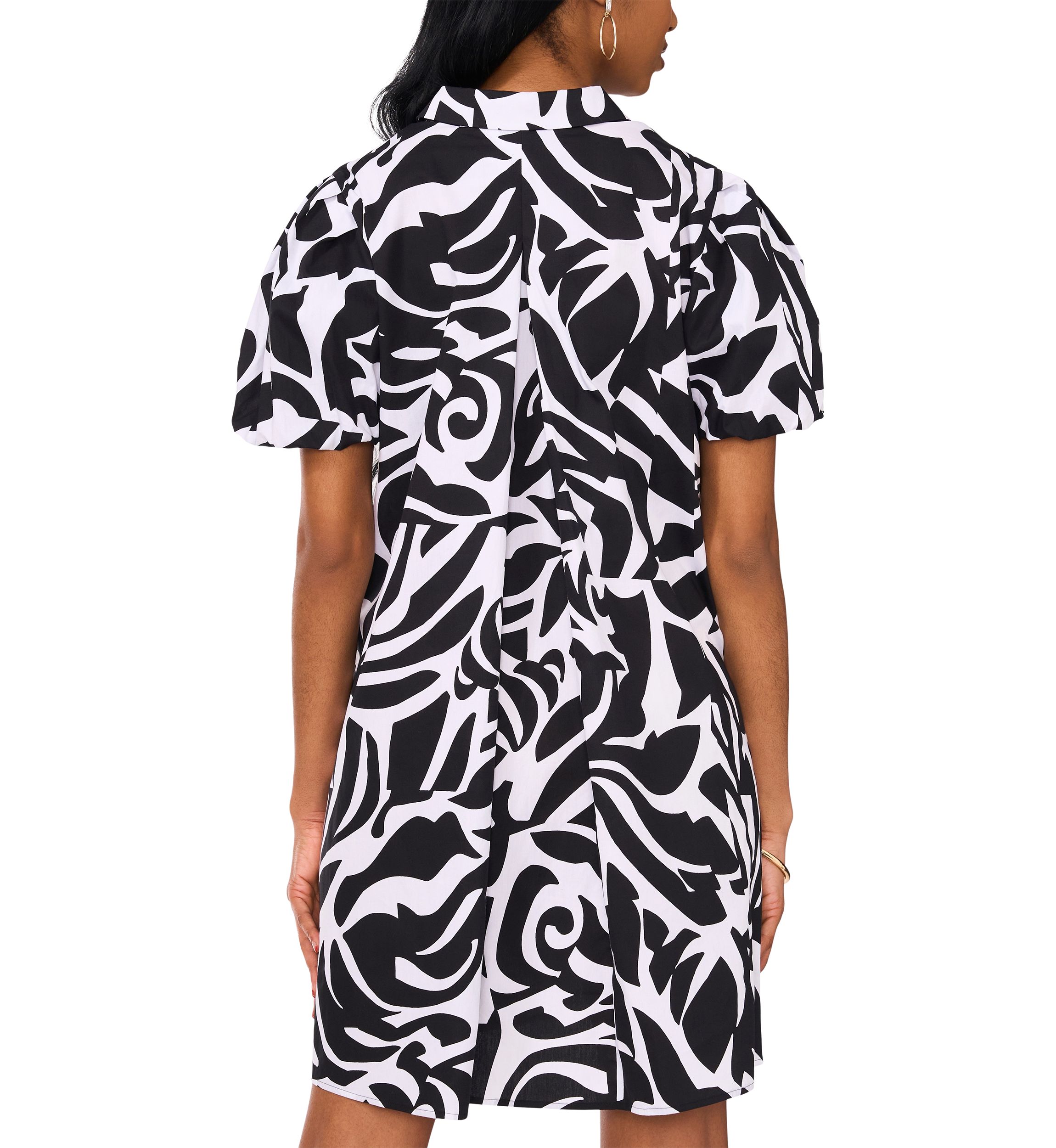 Womens Puff Sleeve Collar Neck Abstract Print Cotton A-Line Dress