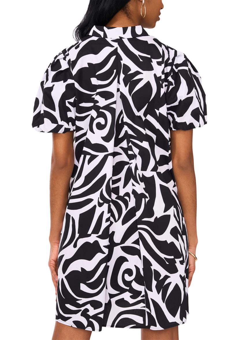 Womens Puff Sleeve Collar Neck Abstract Print Cotton A-Line Dress