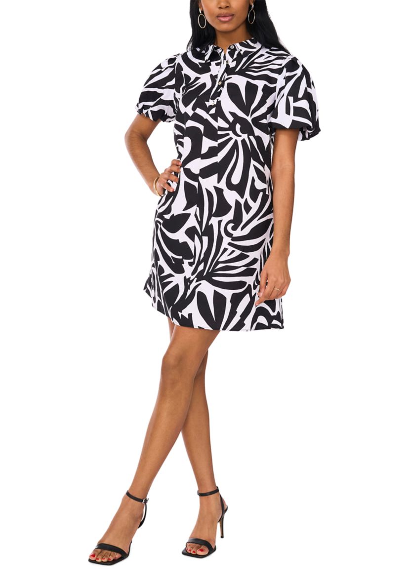 Womens Puff Sleeve Collar Neck Abstract Print Cotton A-Line Dress