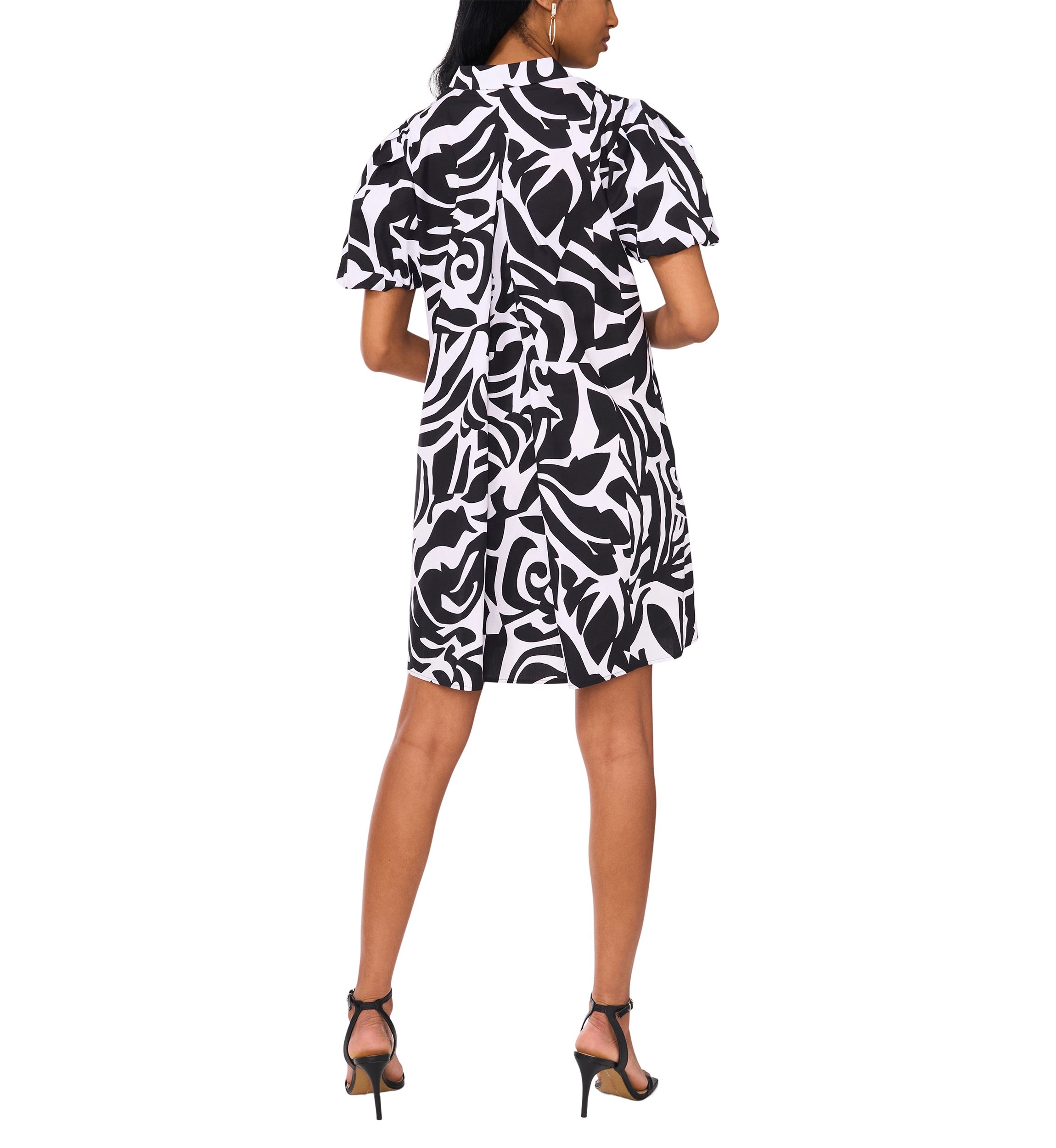 Womens Puff Sleeve Collar Neck Abstract Print Cotton A-Line Dress