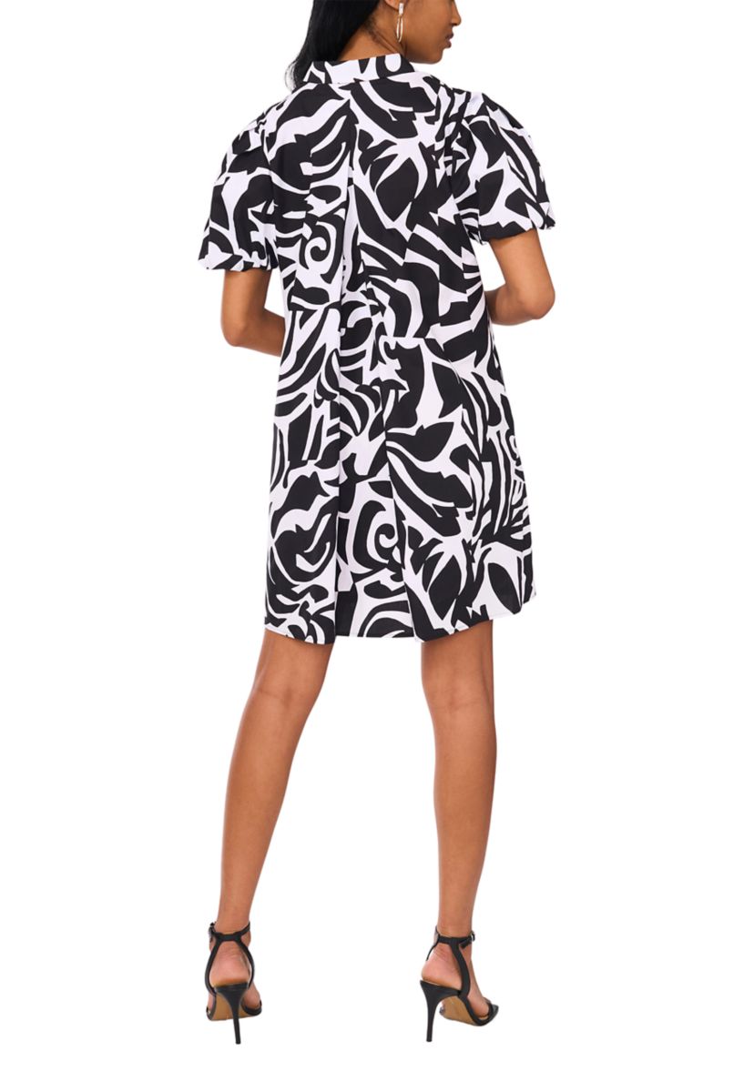 Womens Puff Sleeve Collar Neck Abstract Print Cotton A-Line Dress